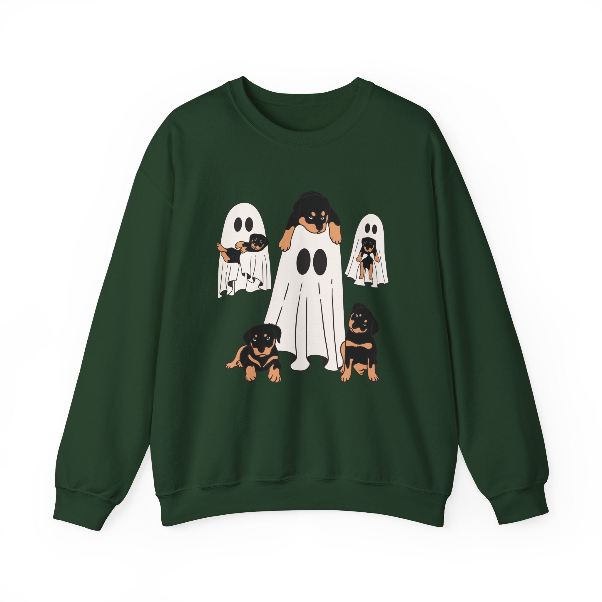 Forest green sweatshirt with ghost and dog illustrations on a white background