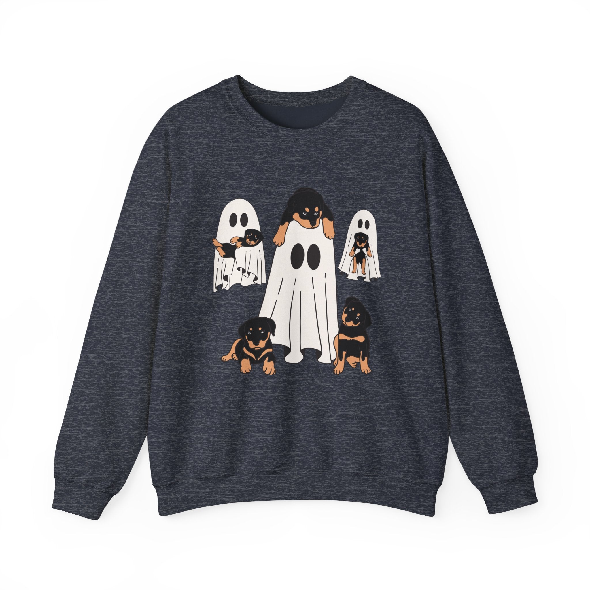 Heather sport dark navy sweatshirt with ghost and dog graphic on a white background
