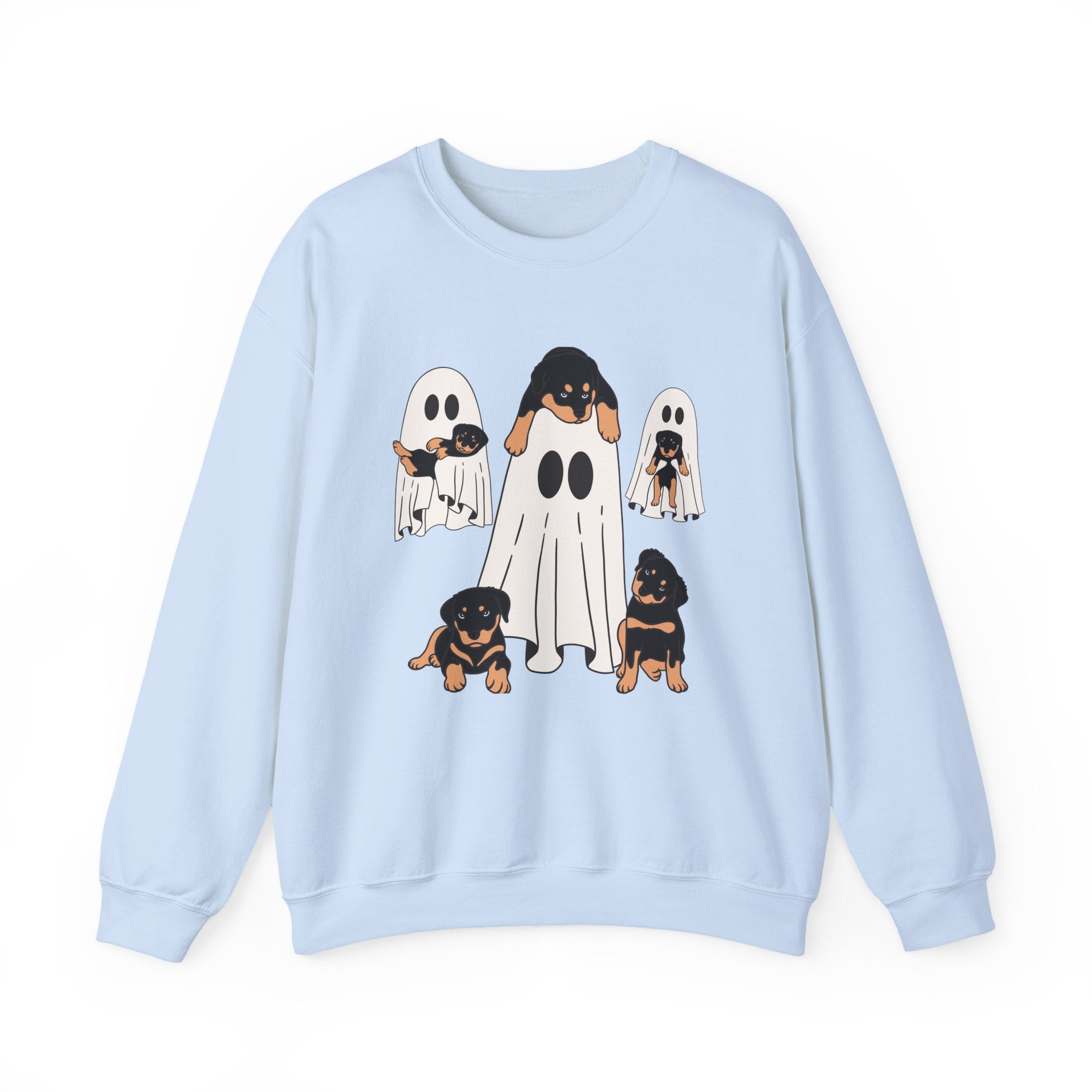 Light blue sweatshirt with ghost and dog illustrations on a white background