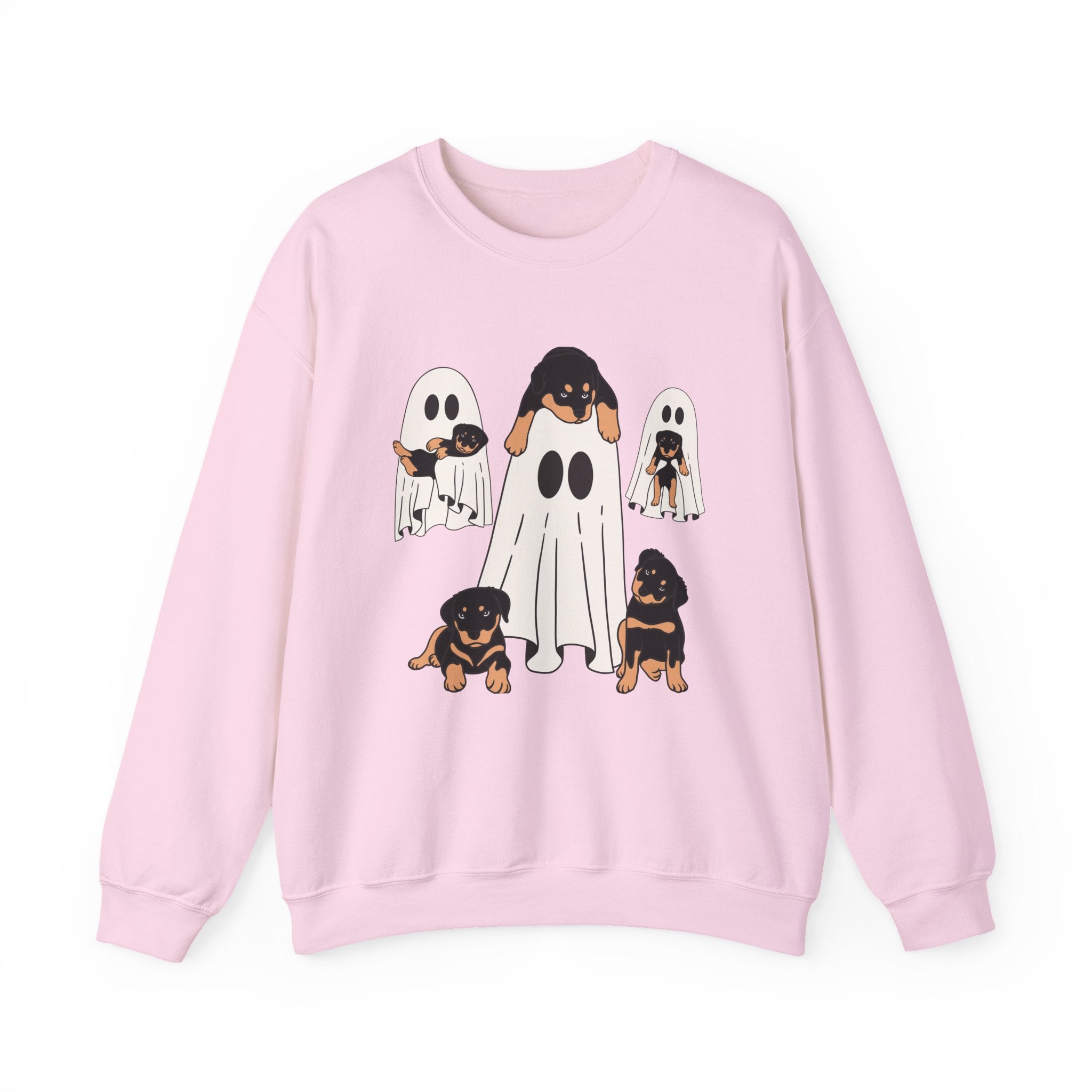 Pink sweatshirt with ghost-themed design of dogs on a white background