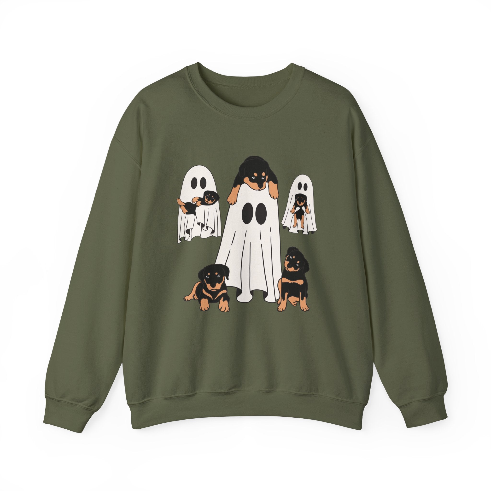 Military green sweatshirt with ghost and dog design on a white background