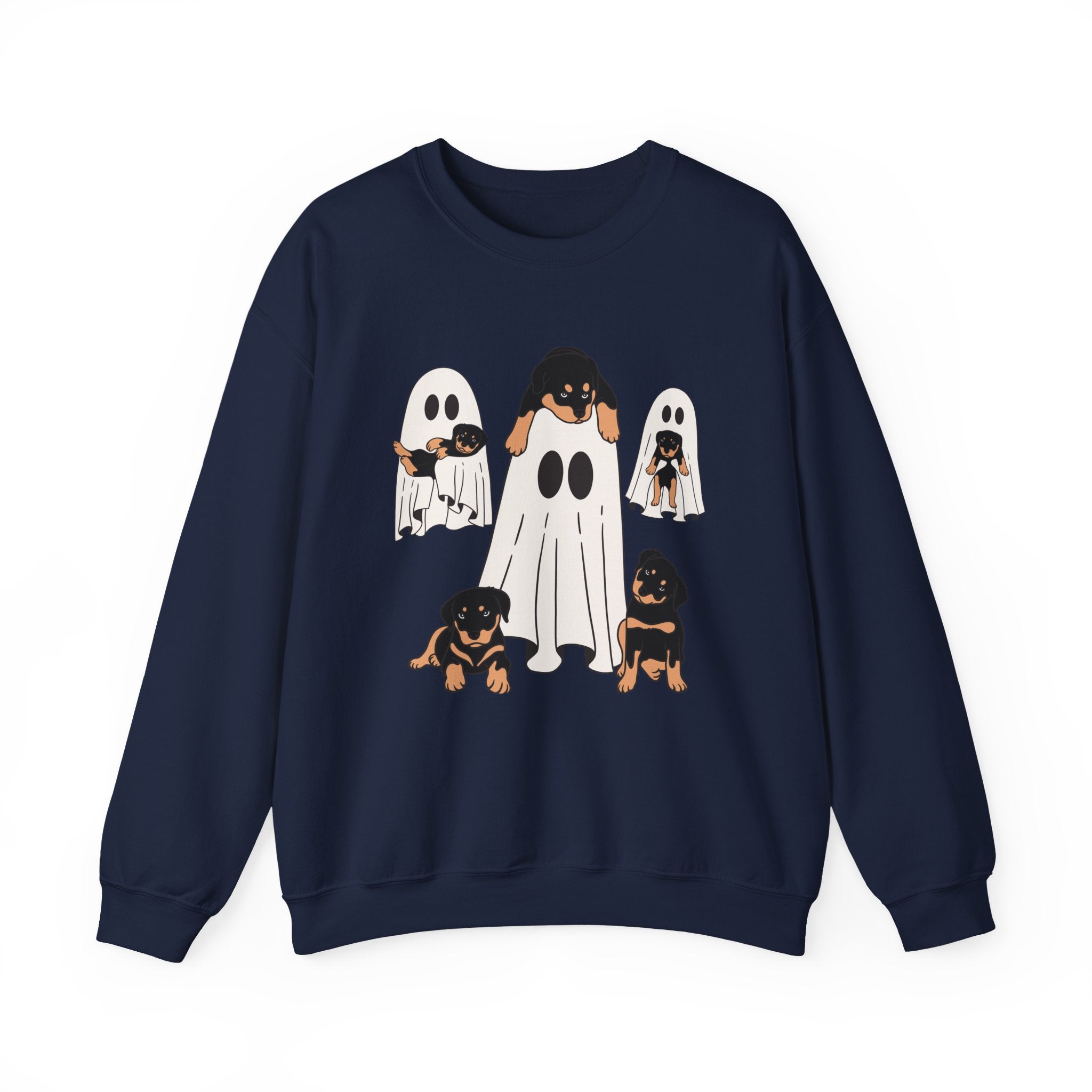 Navy blue sweatshirt with Halloween-themed design featuring ghosts and dogs on a white background.