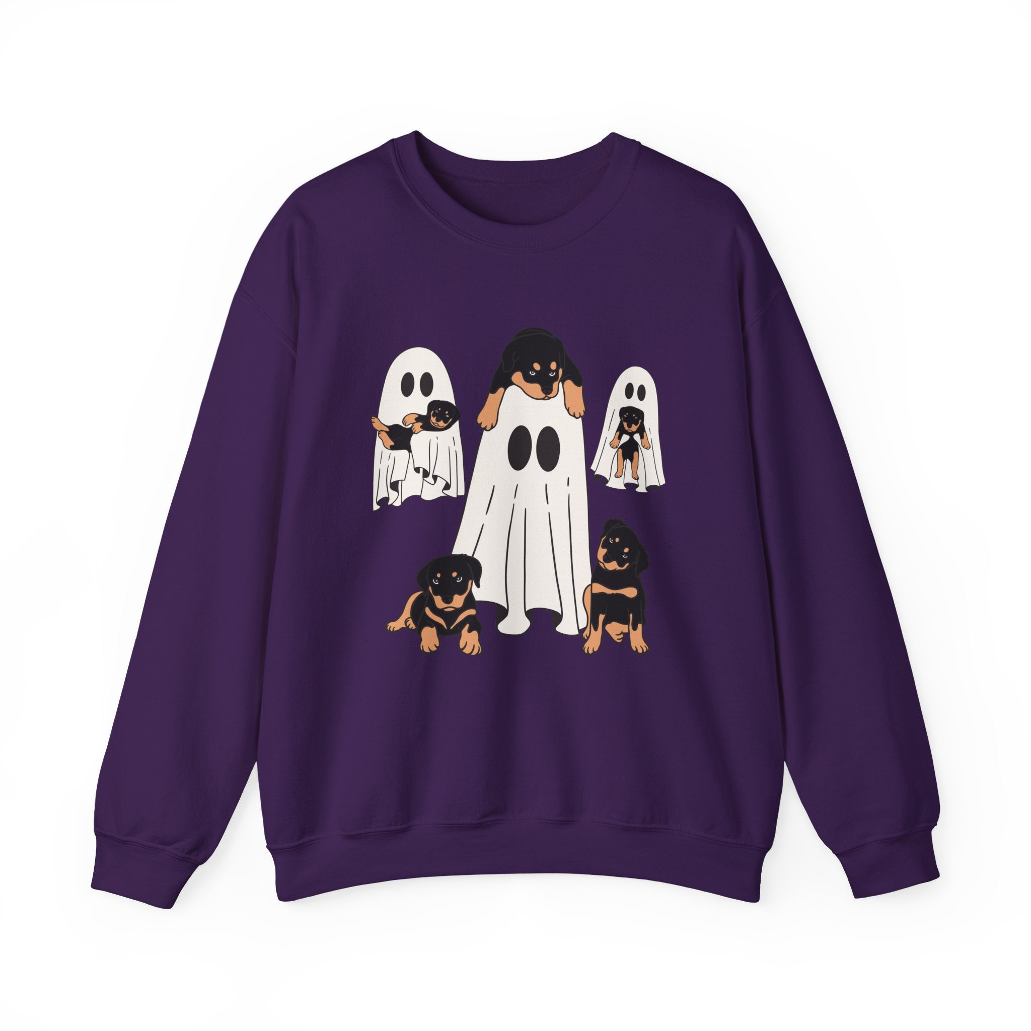 Purple sweatshirt with ghost and dog illustrations on a white background