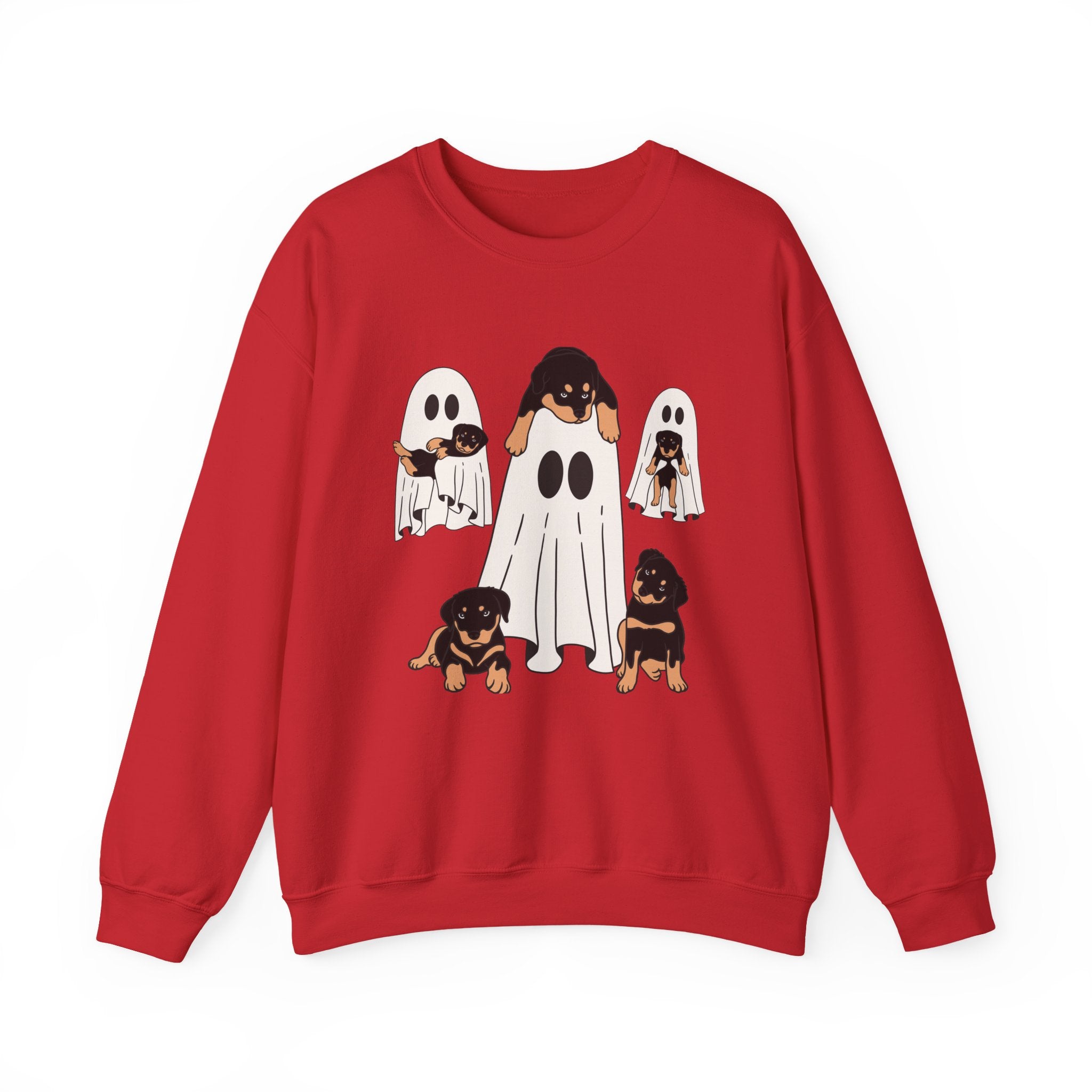 Red sweatshirt with ghost and dog design on a white background