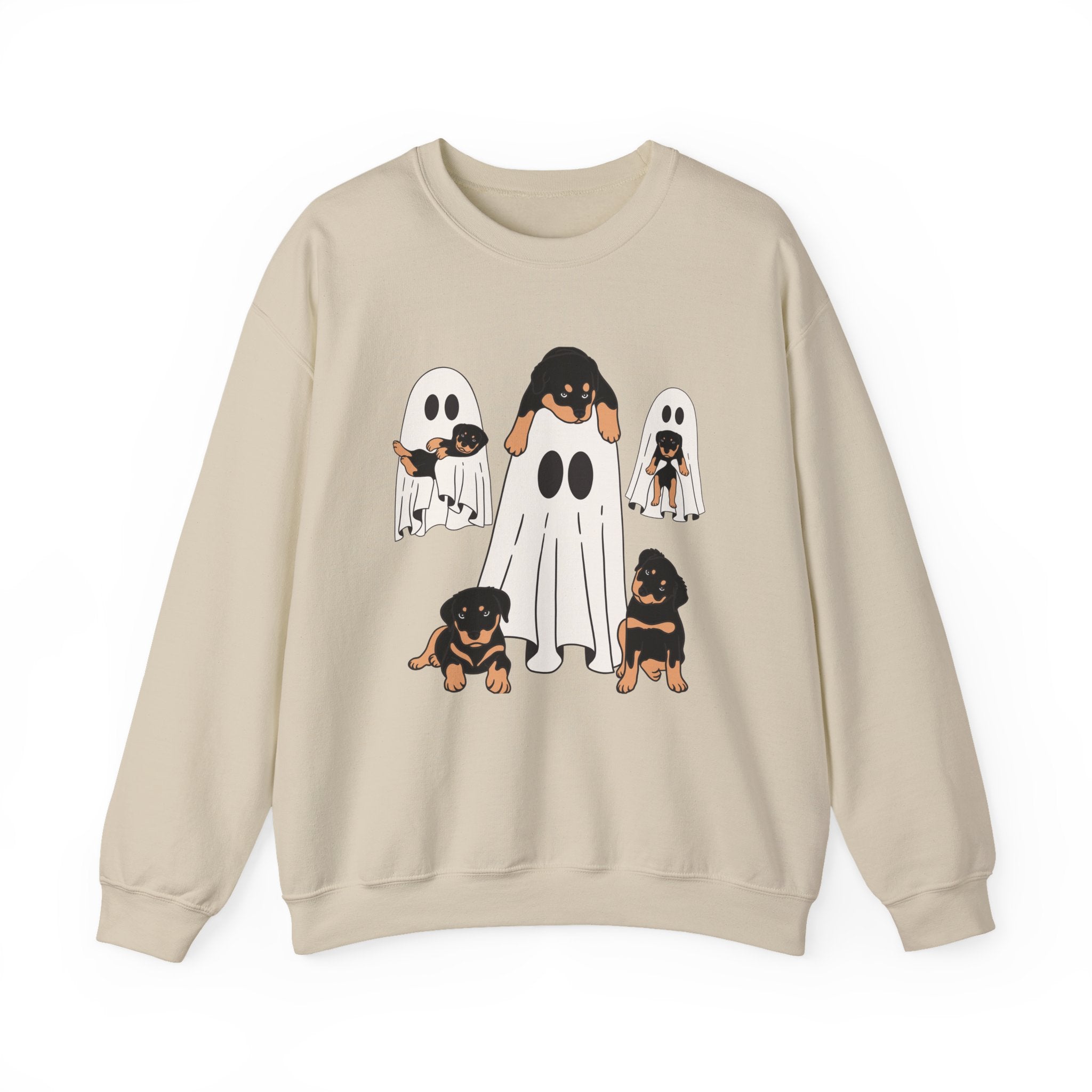 Beige sweatshirt with cartoon ghosts and dogs design on a white background