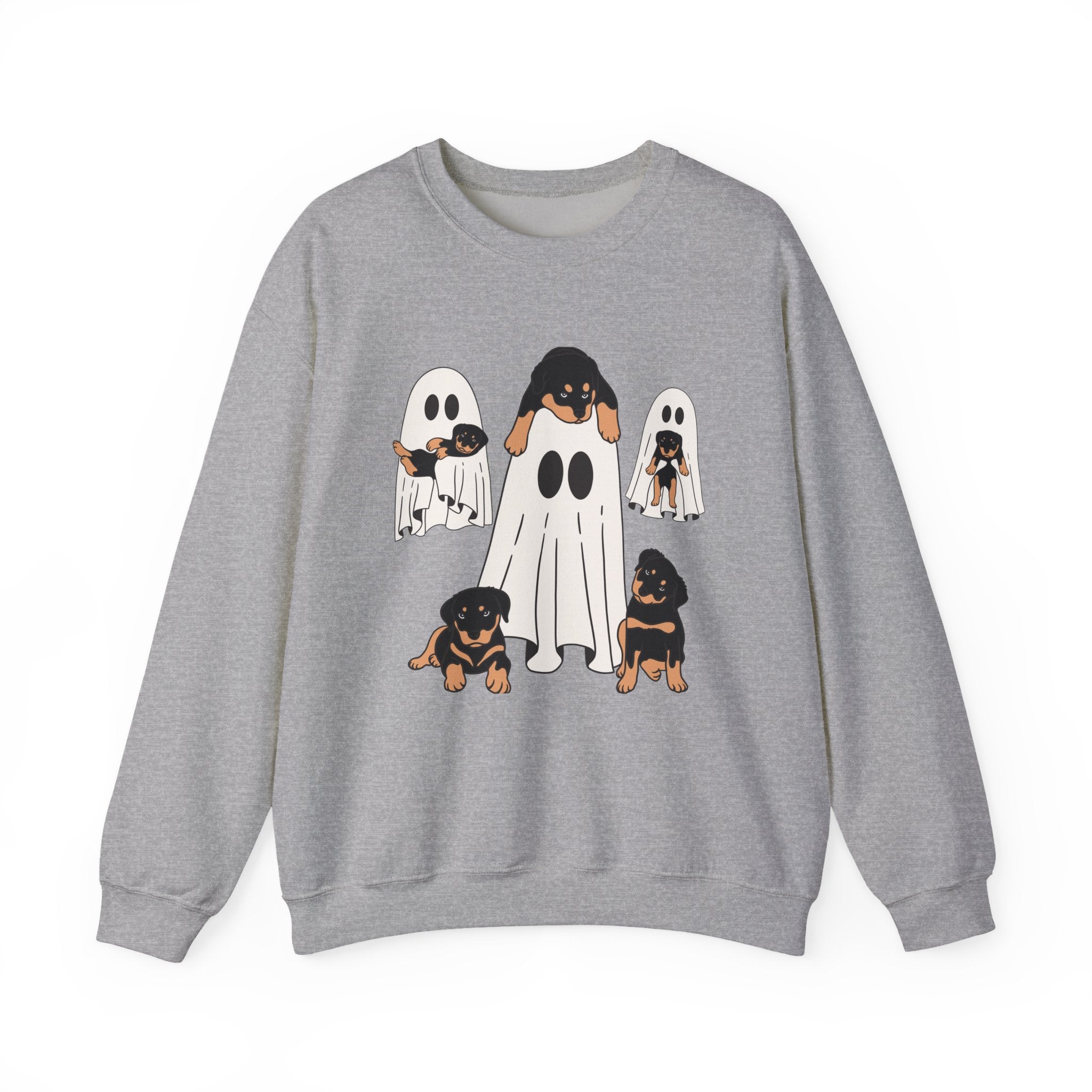 Gray sweatshirt with ghost and dog design on a white background