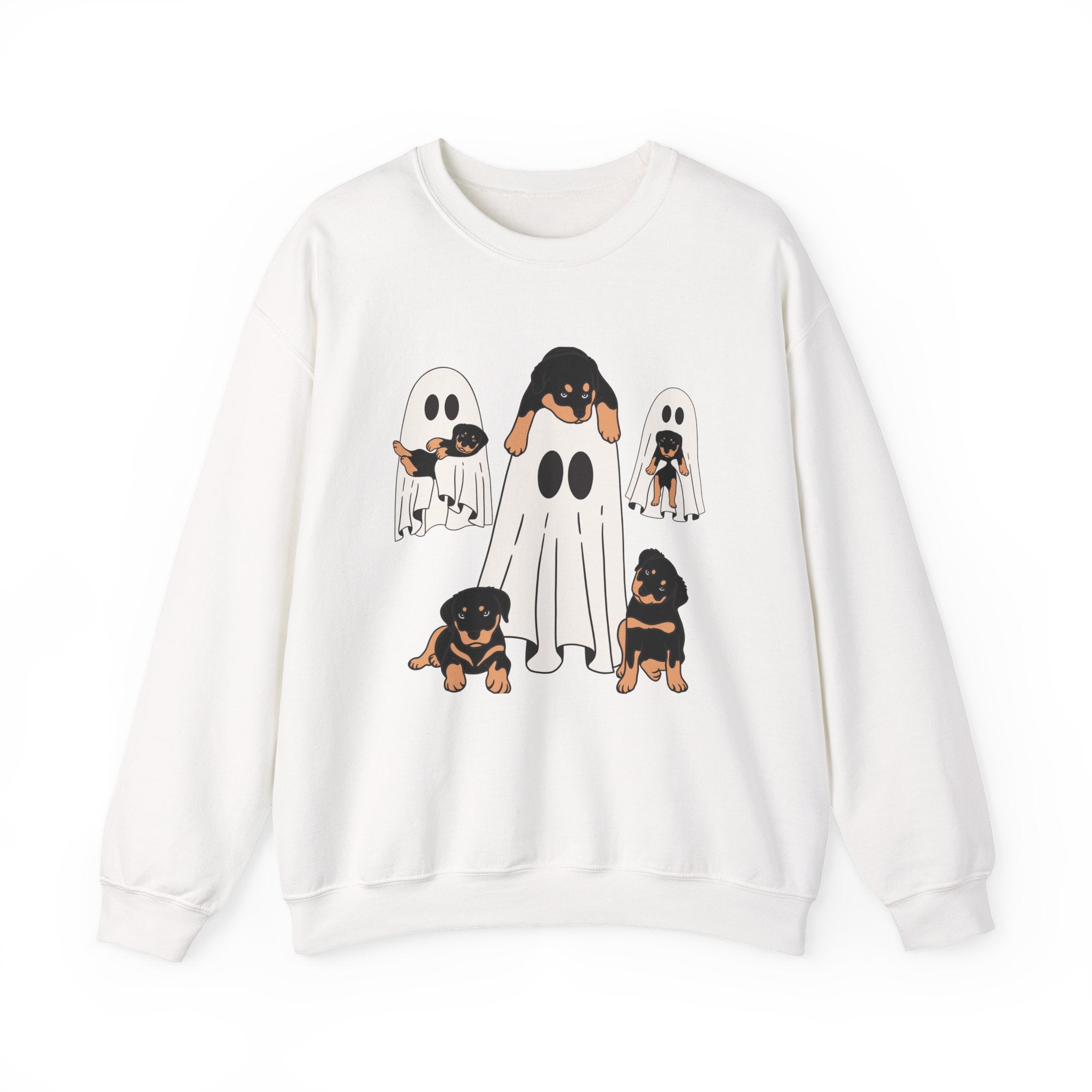White sweatshirt with ghost-themed design of dogs on a white background
