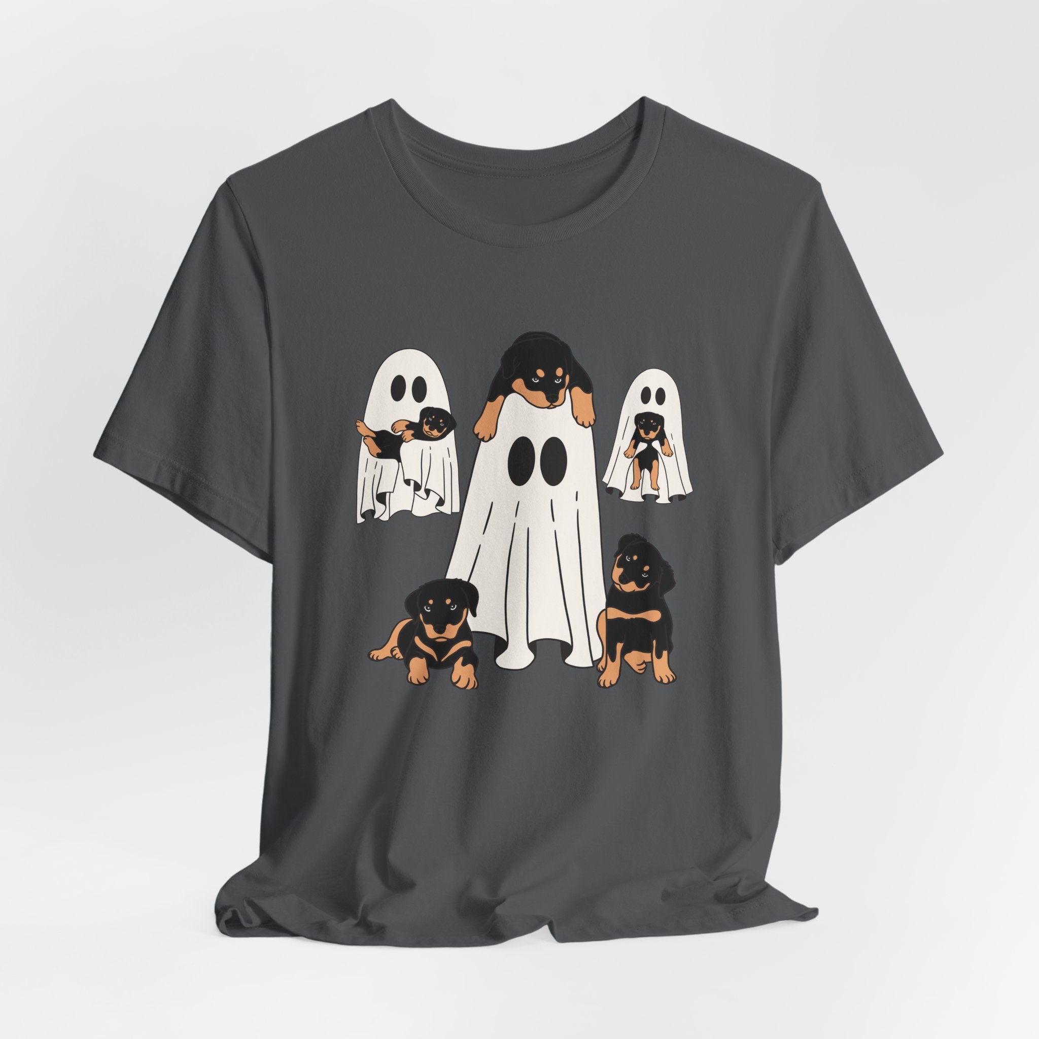Asphalt gray t-shirt with a graphic of dogs in ghost costumes on a white background