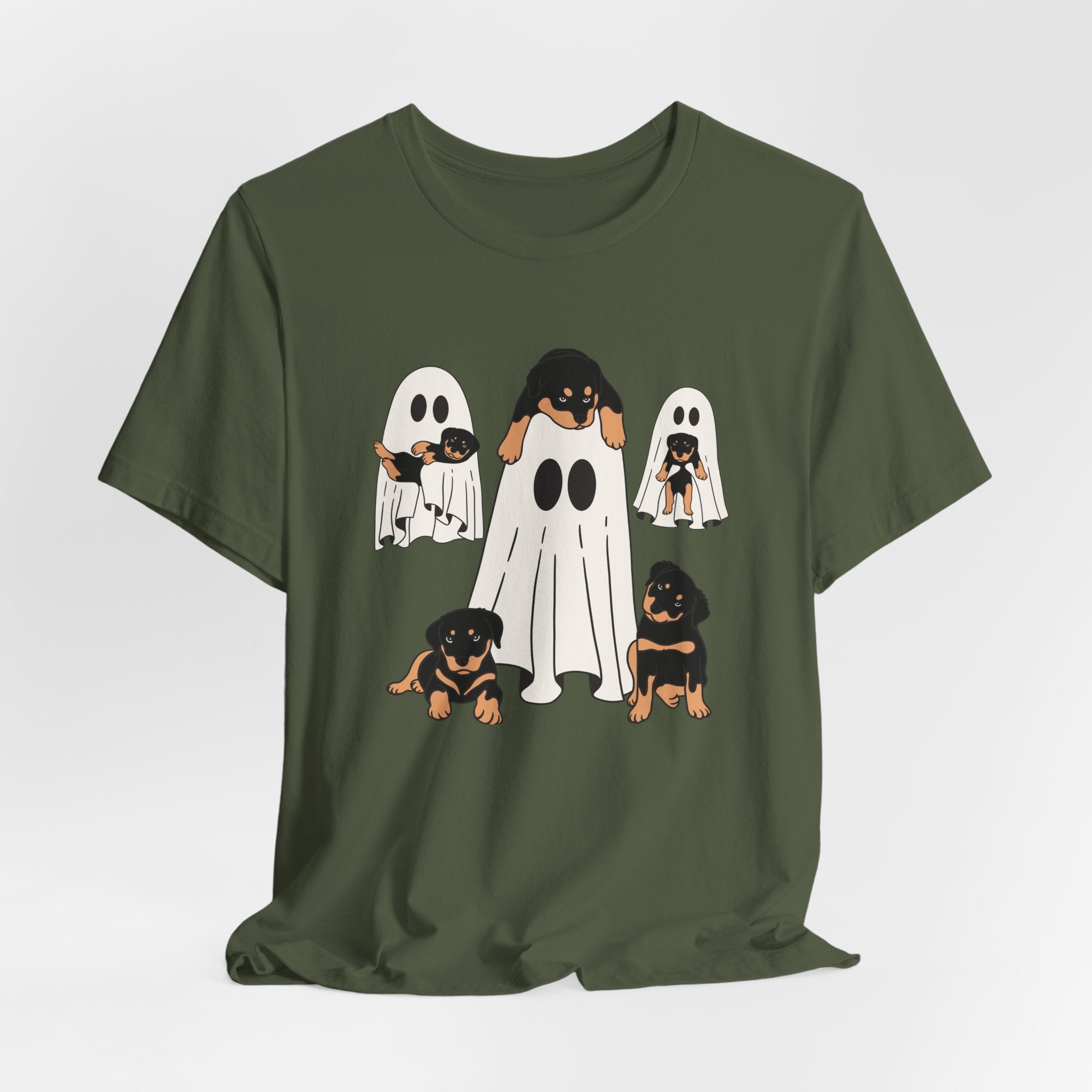 Military green t-shirt with a graphic of dogs in ghost costumes on a white background
