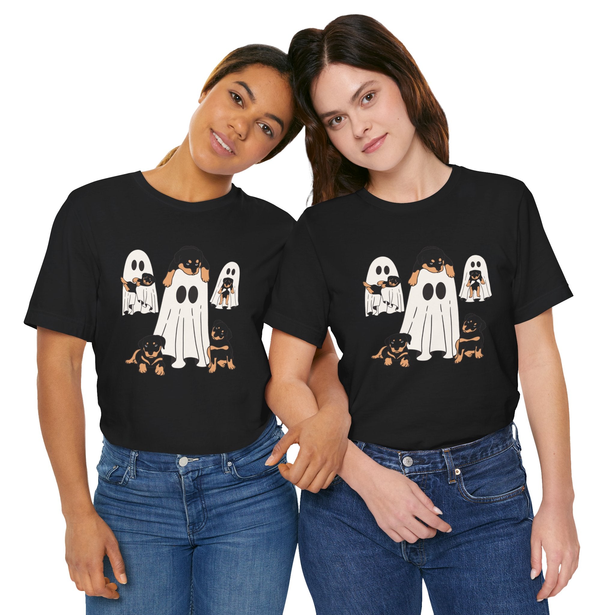Two people wearing black t-shirts with ghost designs on a white background