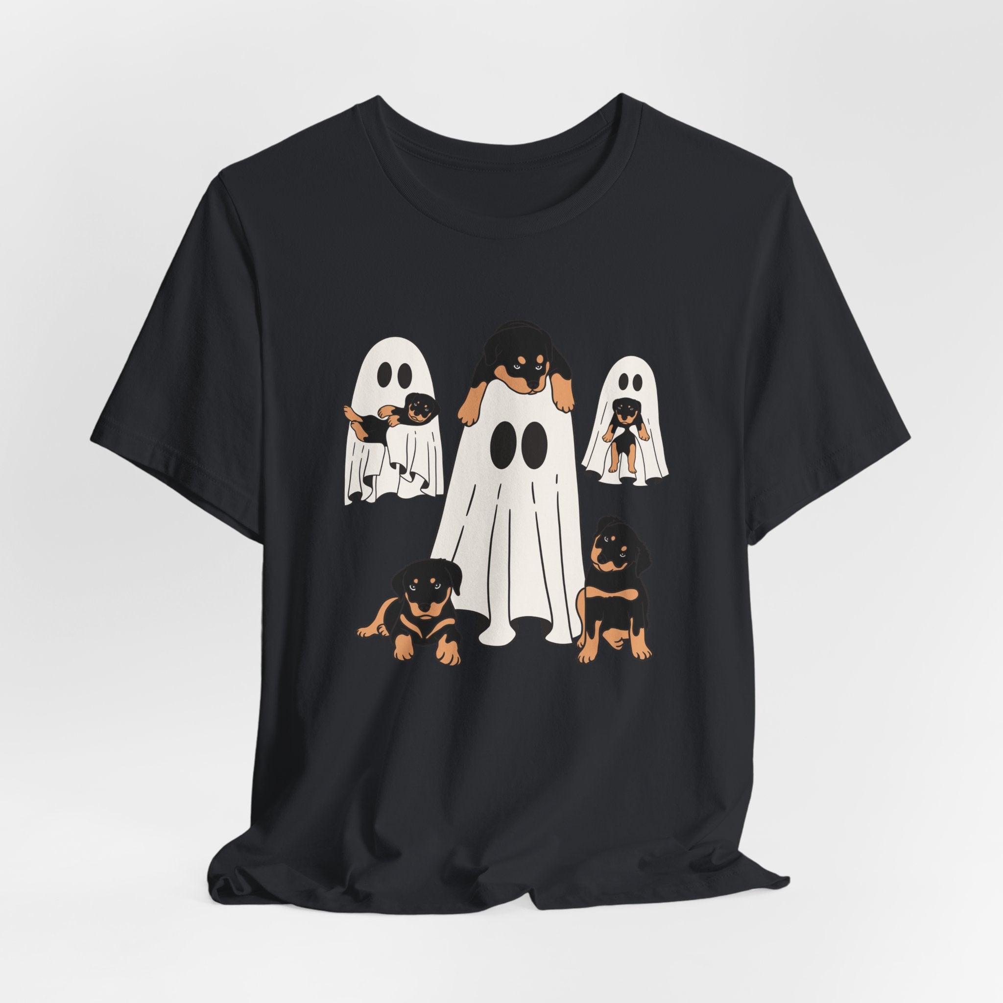 Vintage black t-shirt with ghost and dog design on a white background