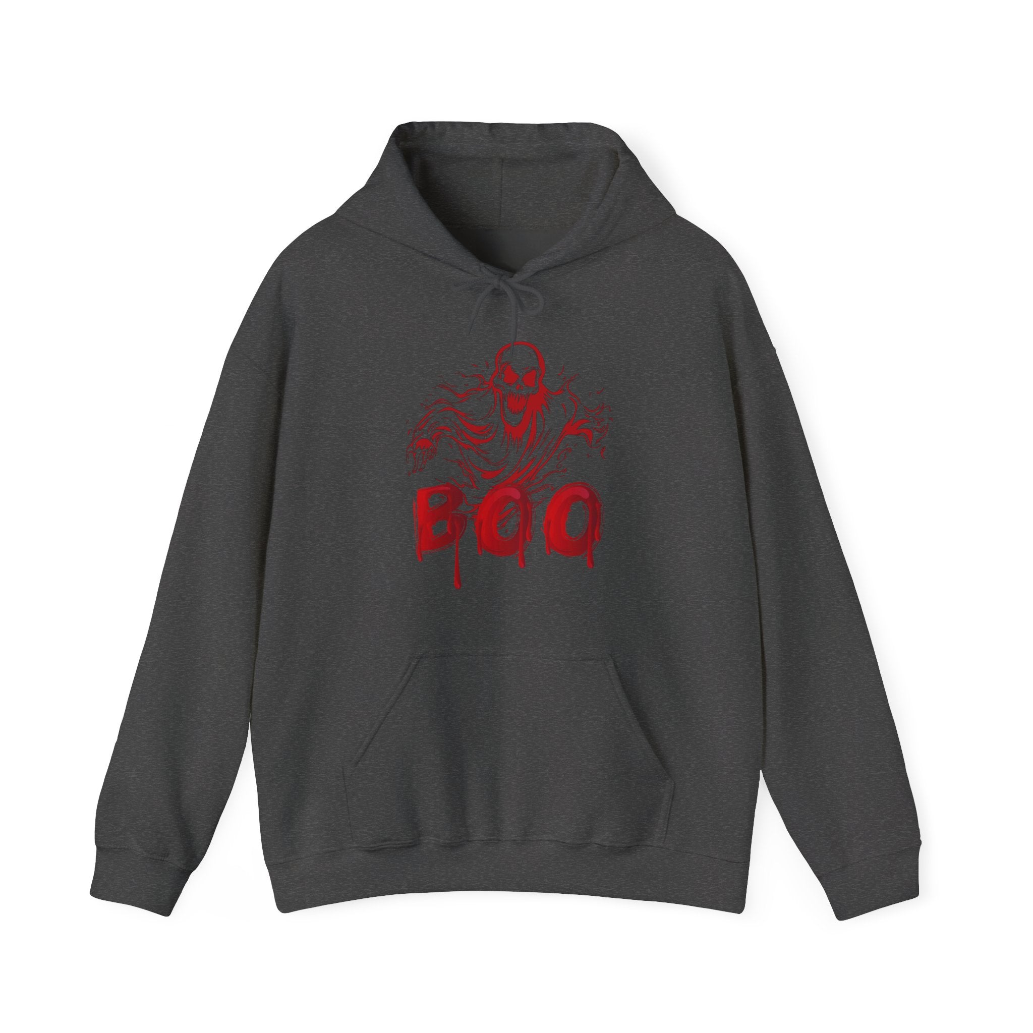 Gray hoodie with red graphic and 'BOO' text on a white background
