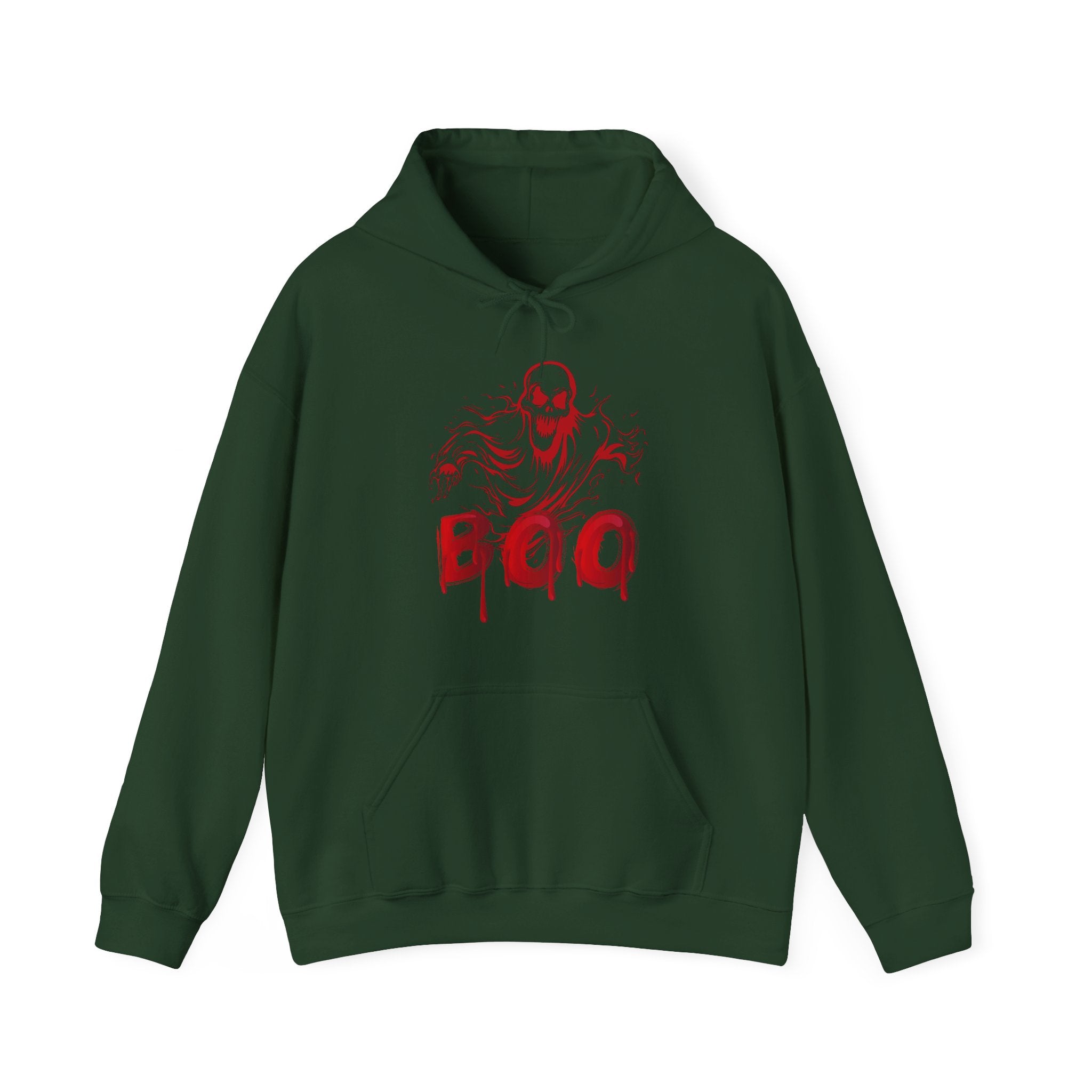 Forest green hoodie with red graphic design on a white background