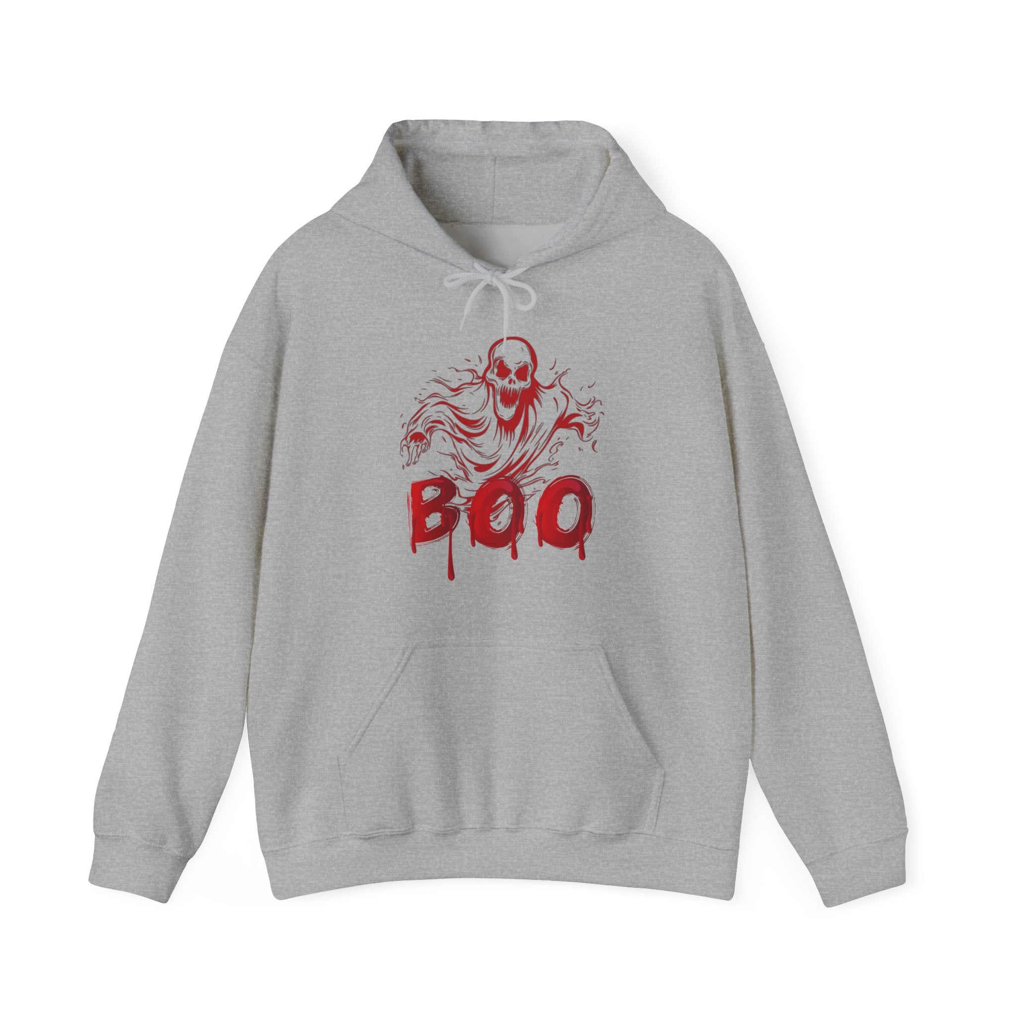 Gray hoodie with red skeleton design and 'BOO' text on a white background