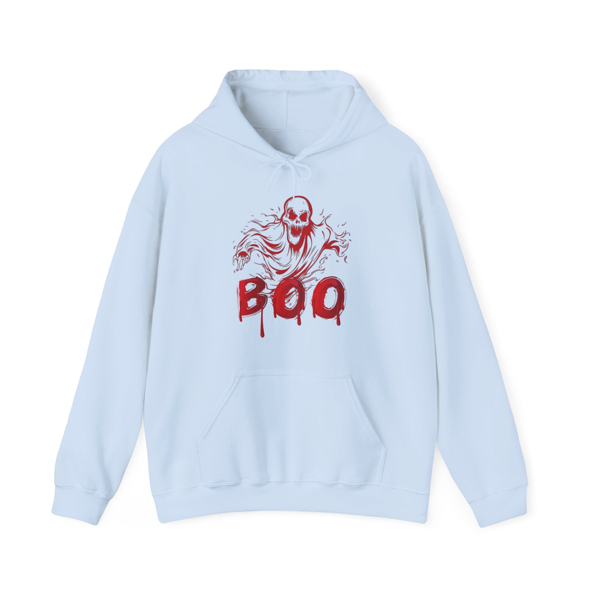 Light blue hoodie with red 'BOO' and skeleton design on a white background