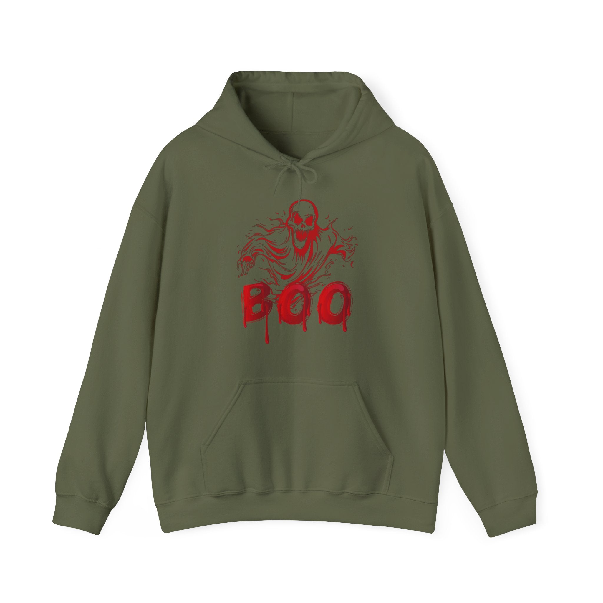 Military green hoodie with red 'BOO' and skull design on a white background
