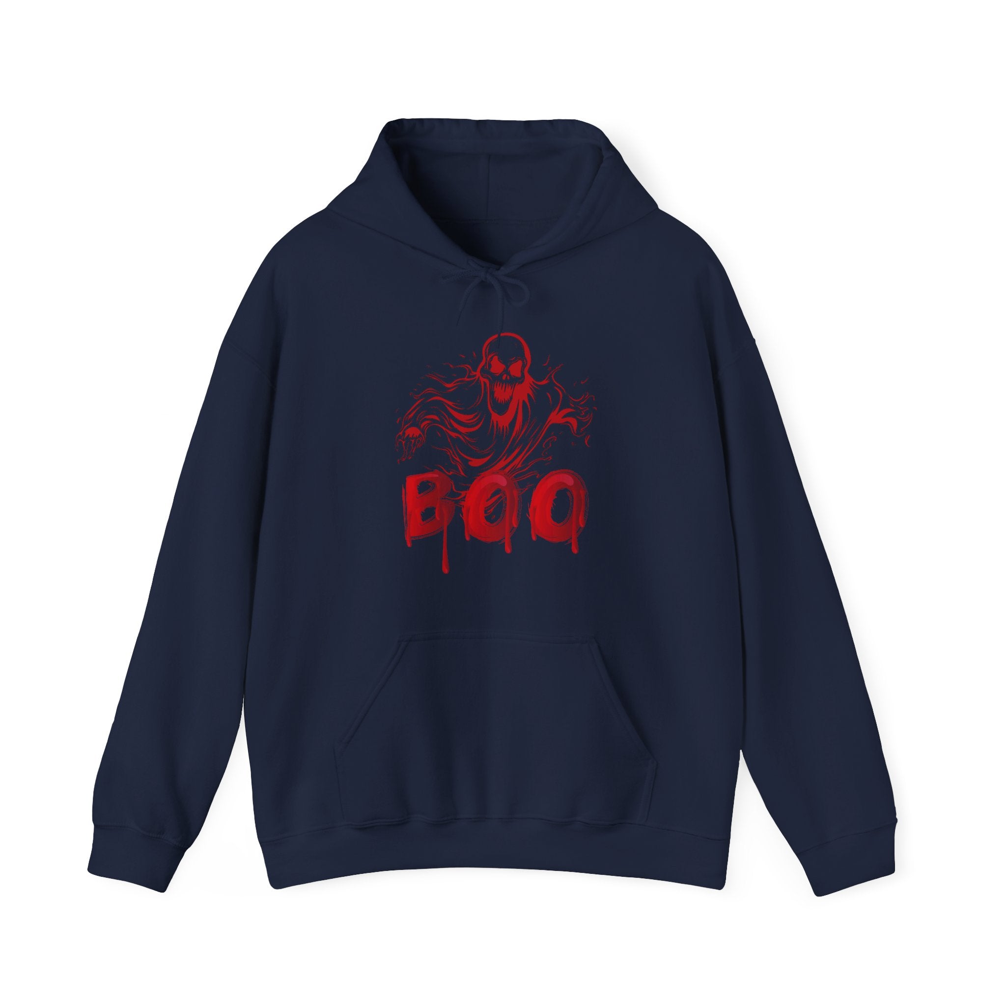 Navy blue hoodie with red 'BOO' and ghost design on a white background