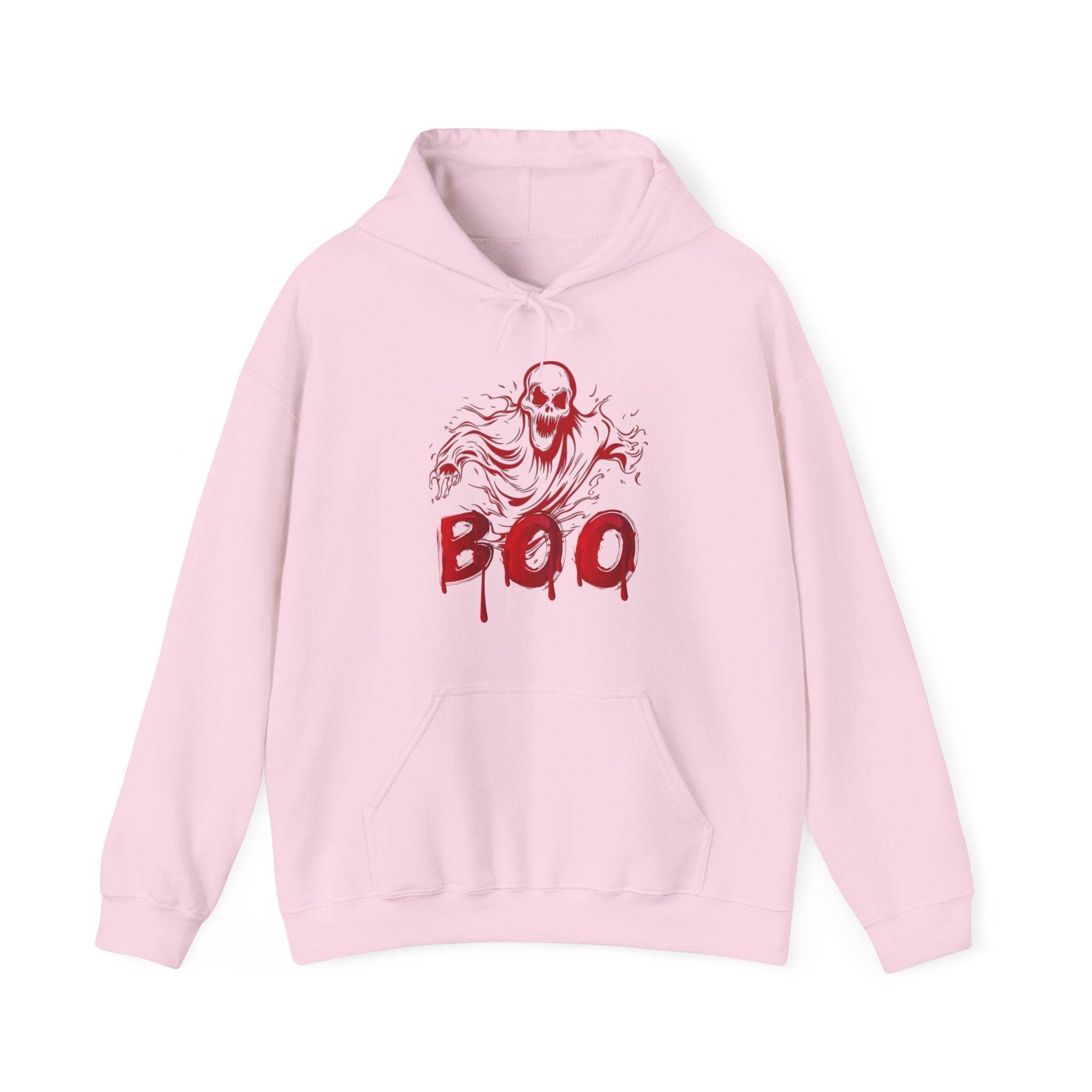 Pink hoodie with a red skeleton graphic and 'BOO' text on a white background