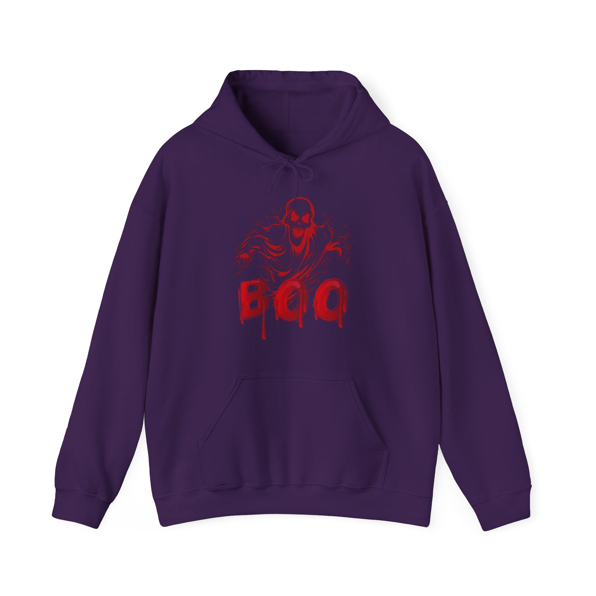 Purple hoodie with red graphic design on a white background