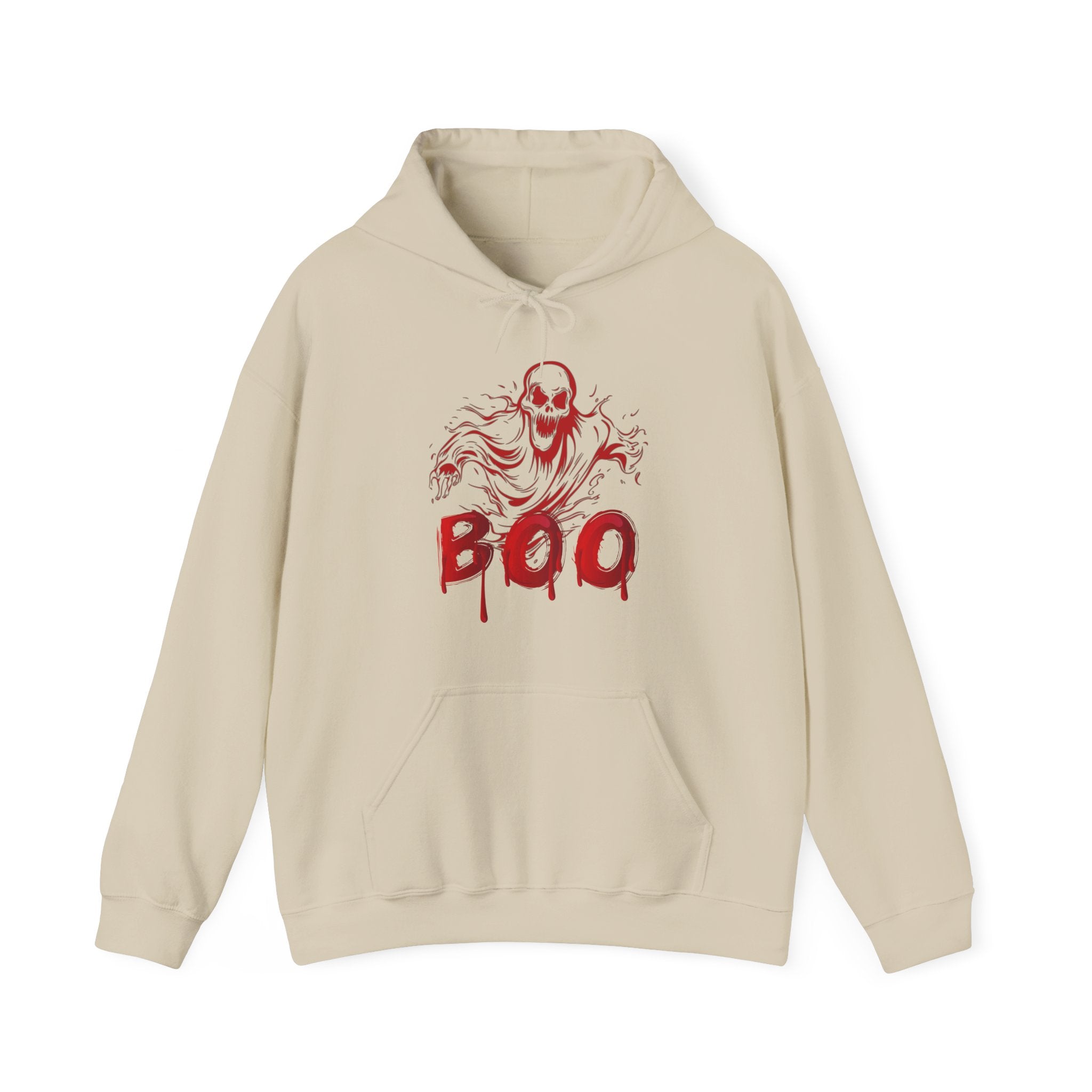 Beige hoodie with red graphic design on a white background