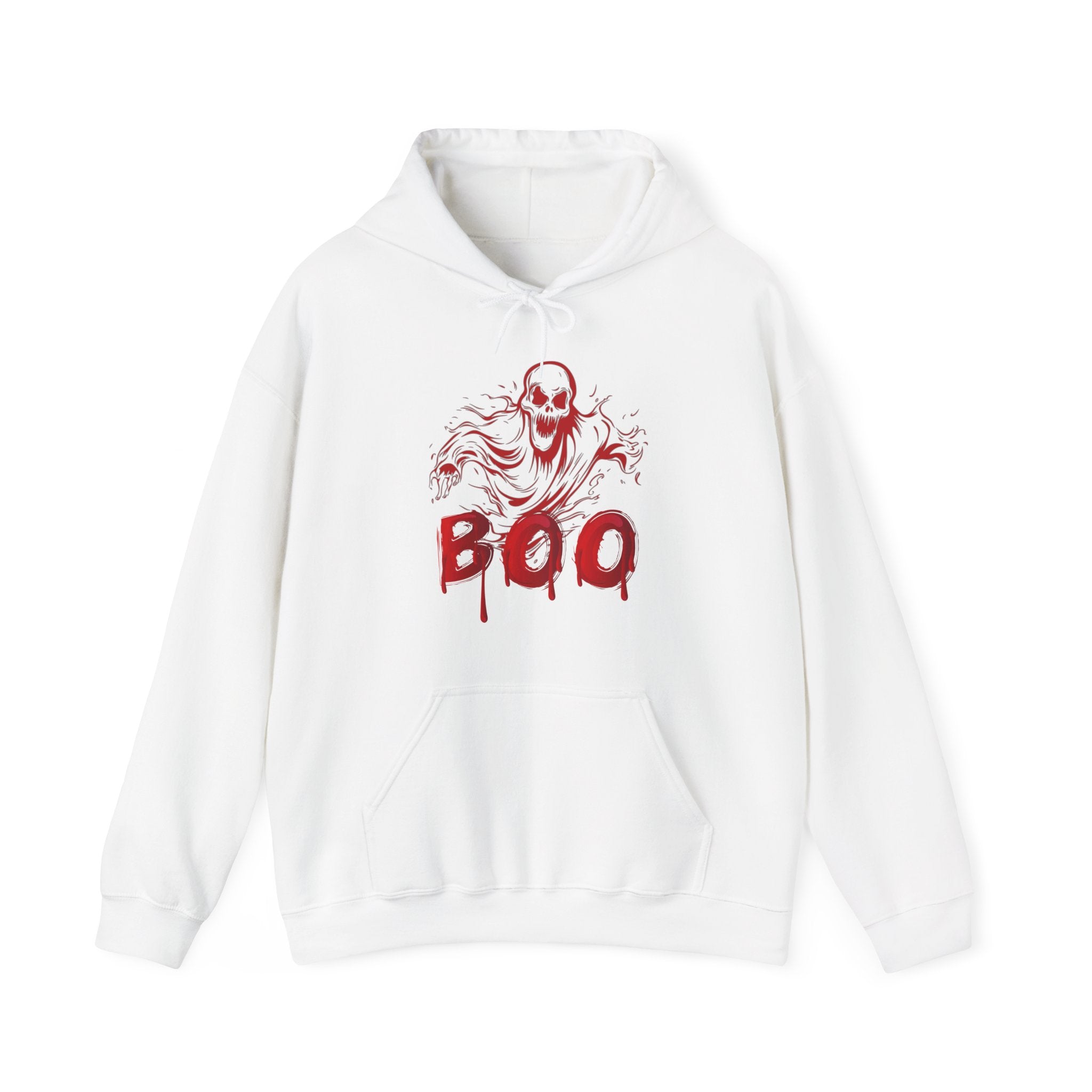White hoodie with red 'BOO' and skeleton design on a white background