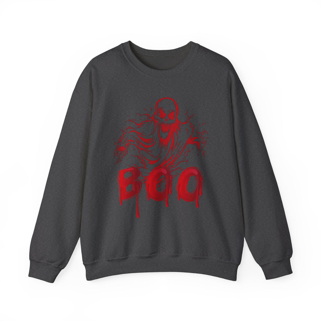 Dark heather sweatshirt with red skeleton graphic and 'BOO' text on a white background