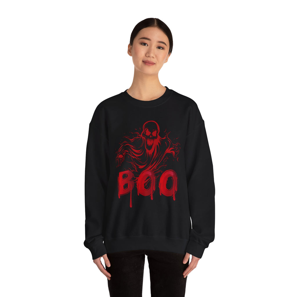 Black sweatshirt with red graphic and 'BOO' text worn by a person on a white background