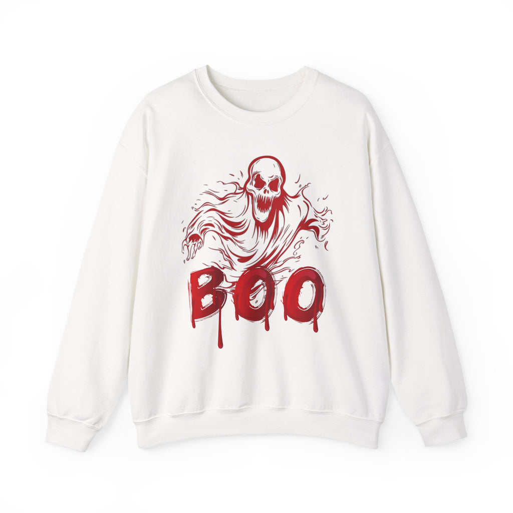 White sweatshirt with red skeleton graphic and 'BOO' text on a white background