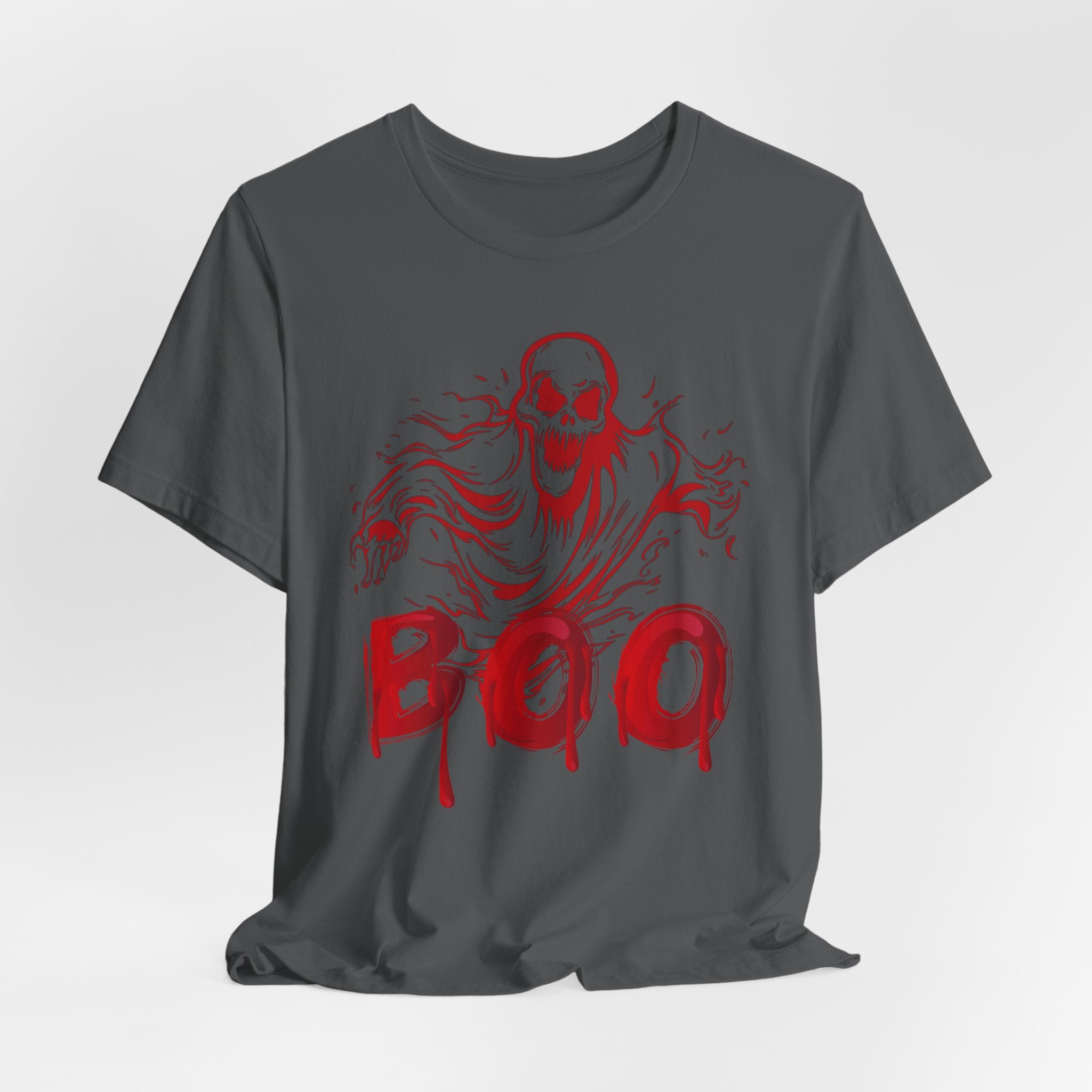 Asphalt gray t-shirt with red skeleton graphic and 'BOO' text on a white background