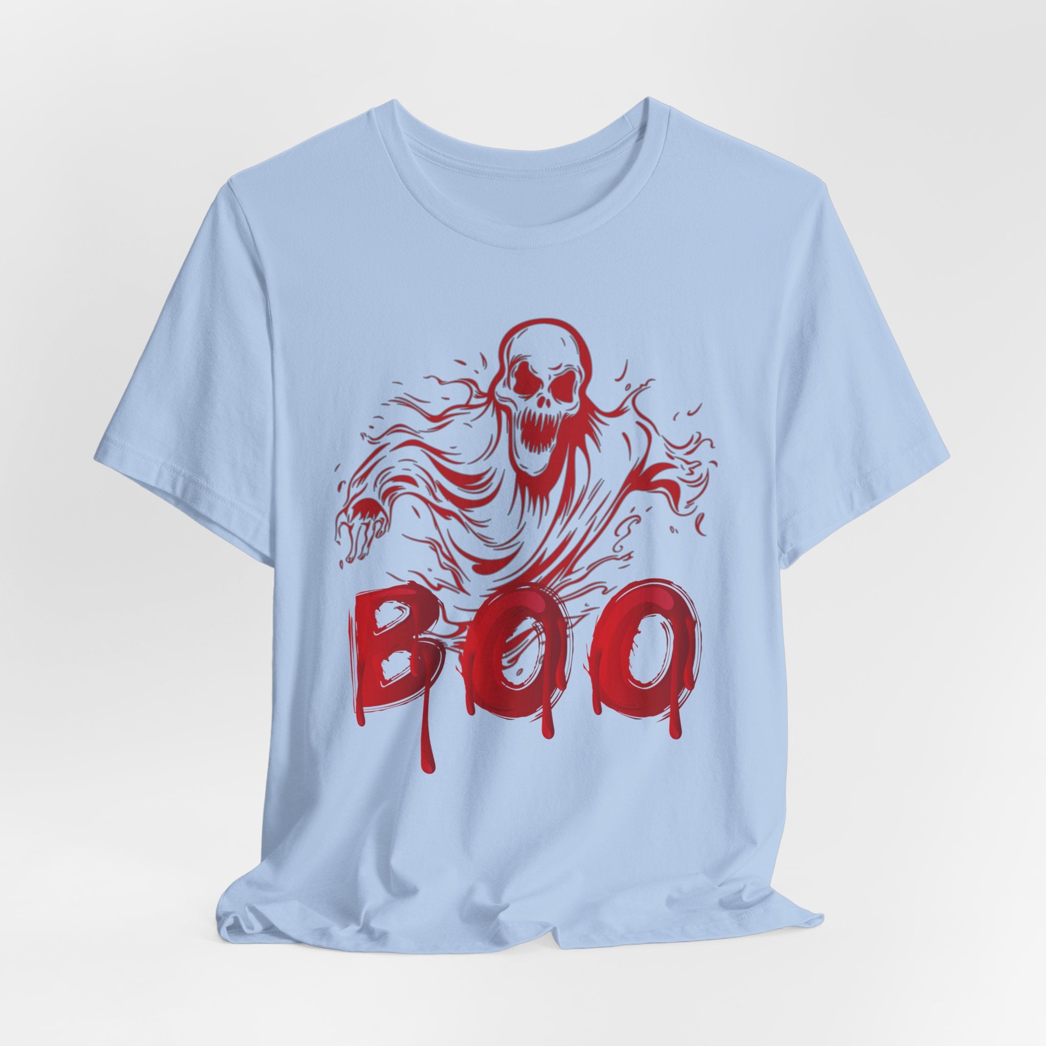 Light blue t-shirt with red ghost graphic and 'BOO' text on a light gray background