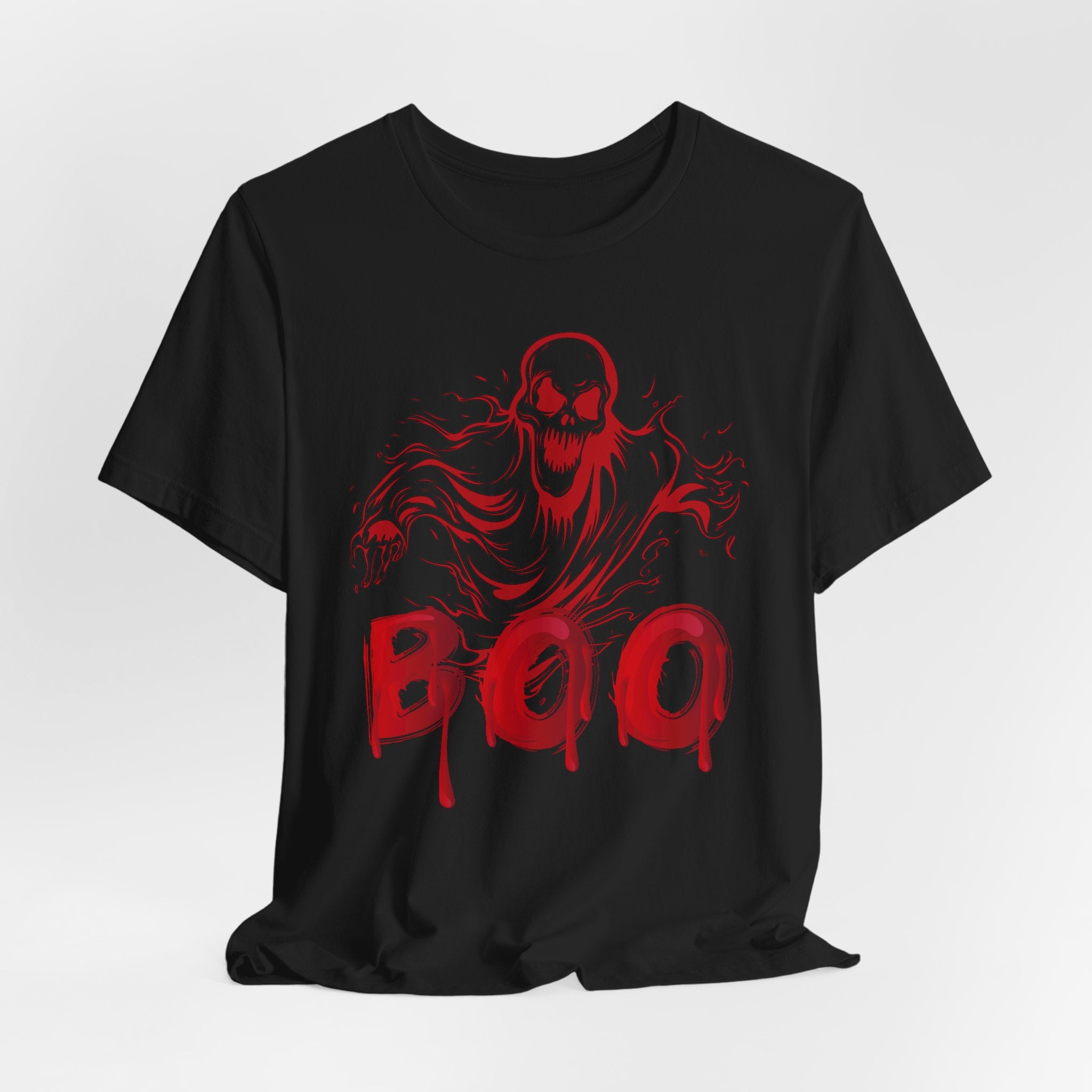 Black t-shirt with red skeleton graphic and 'BOO' text on a white background