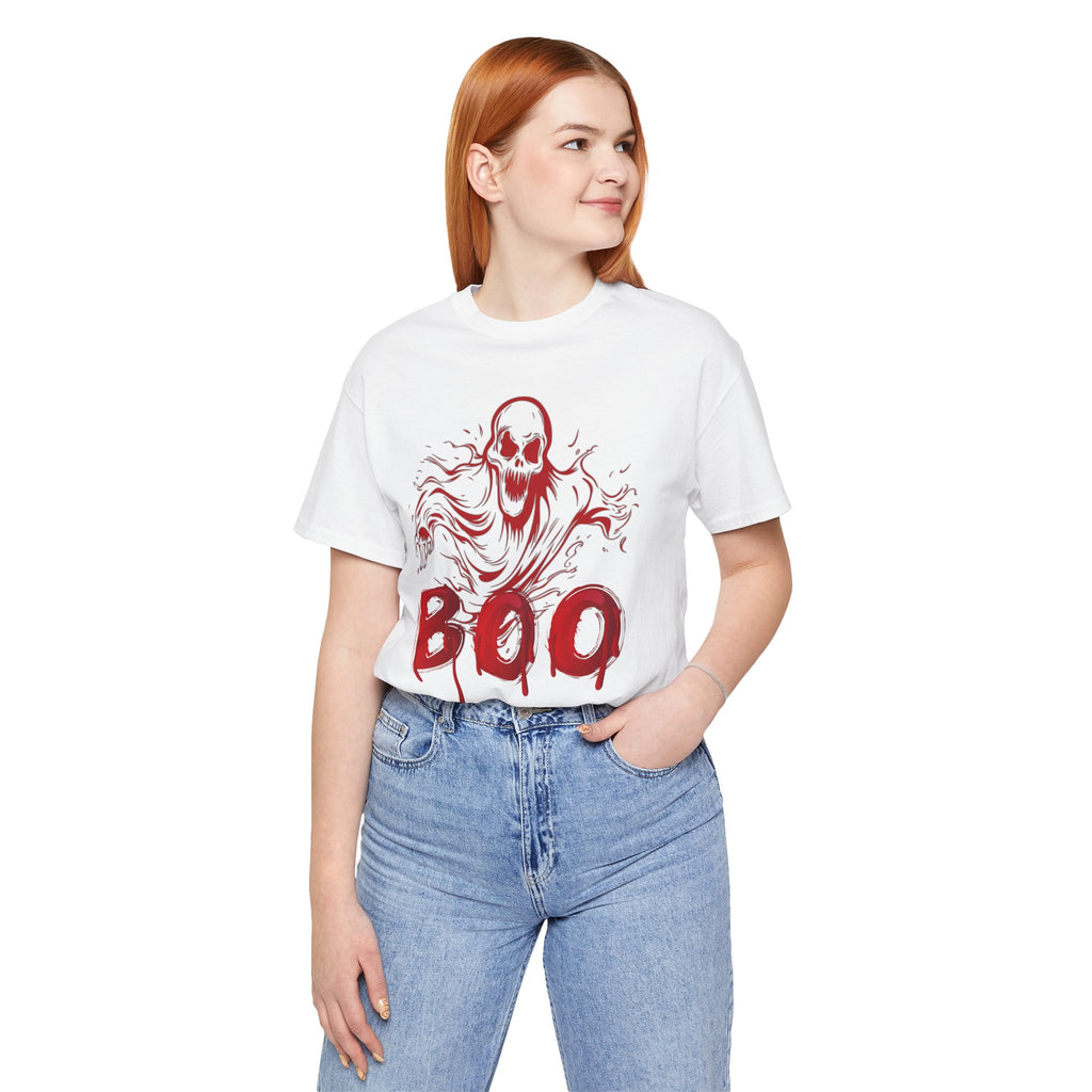 Person wearing a white t-shirt with a red ghost and 'BOO' design on a white background