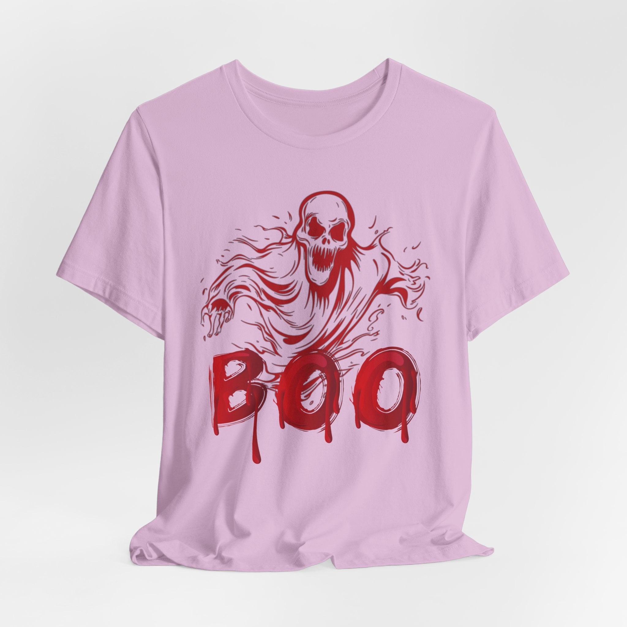 Lilac pink t-shirt with red ghost and 'BOO' design on a light gray background