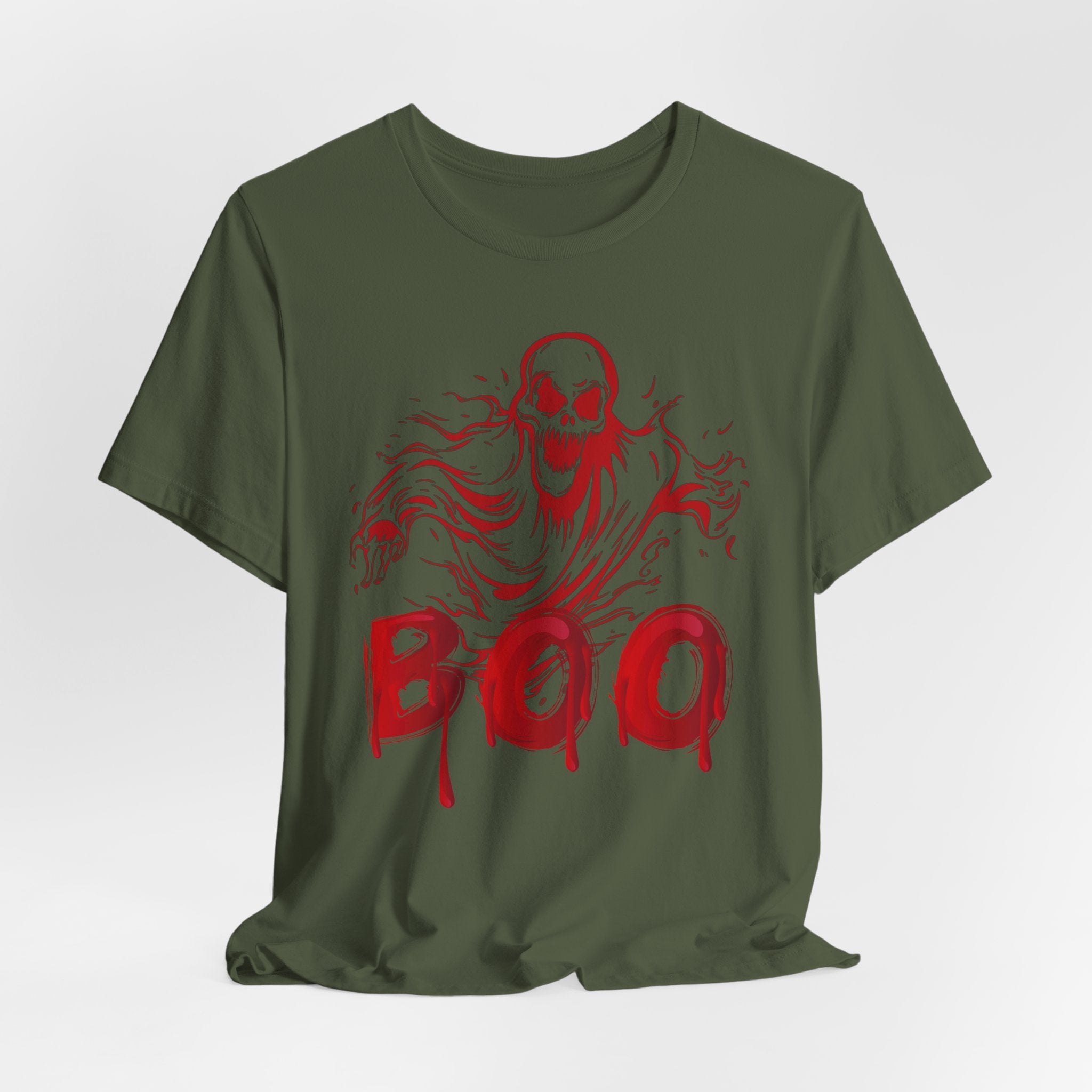 Military green t-shirt with red skeleton graphic and 'BOO' text on a white background
