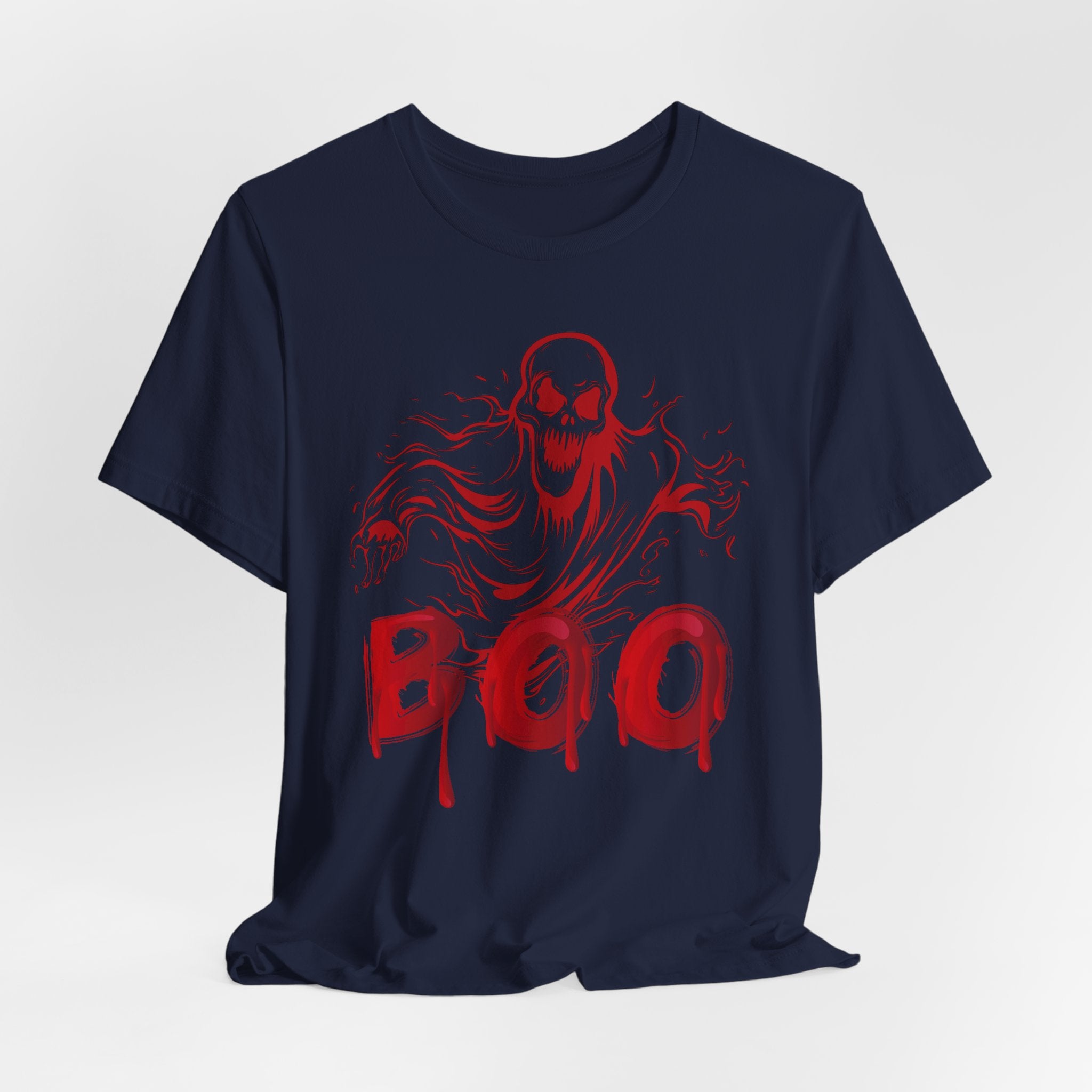 Navy blue t-shirt with red skeleton graphic and 'BOO' text on a white background
