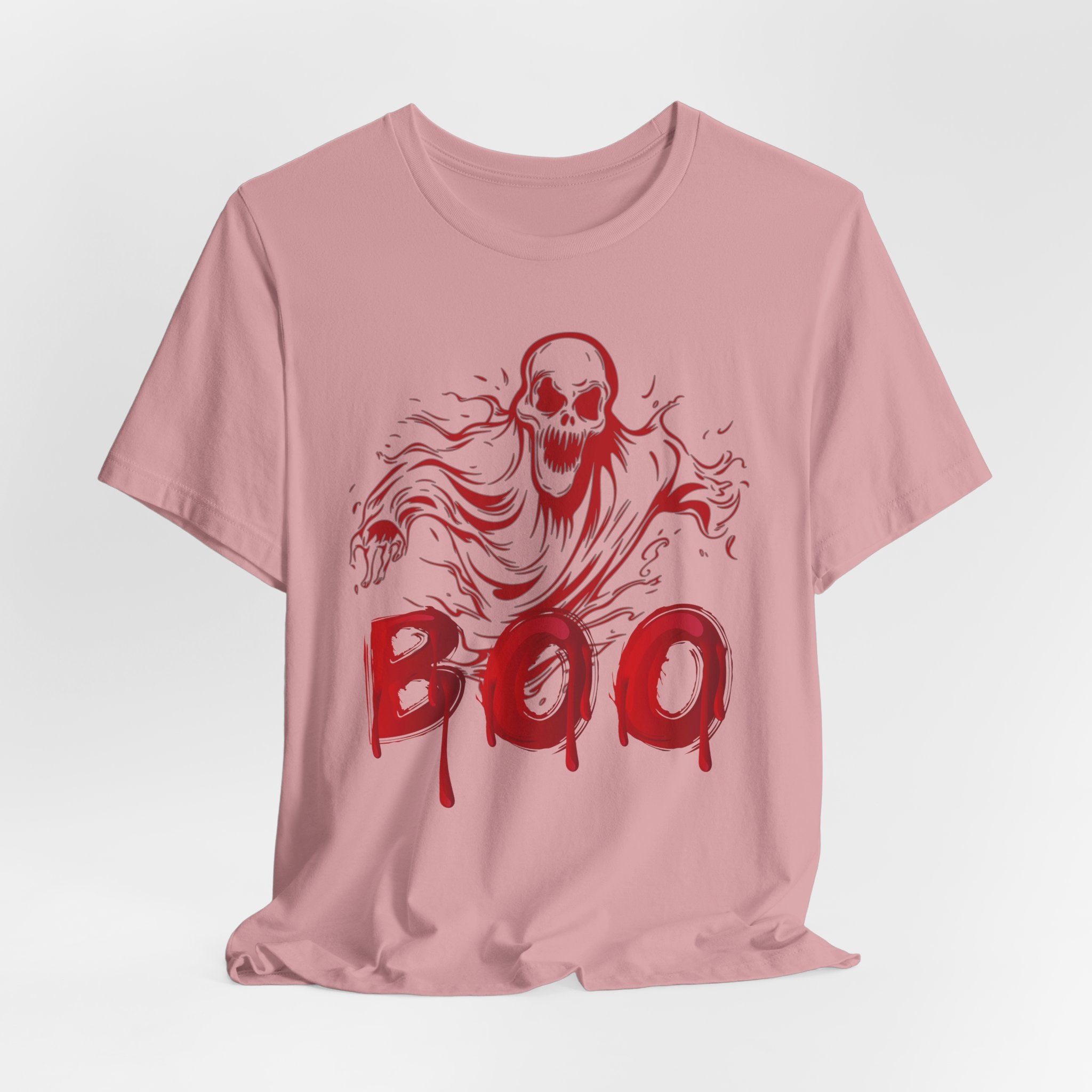 Orchid pink t-shirt with red ghost and 'BOO' graphic on a white background