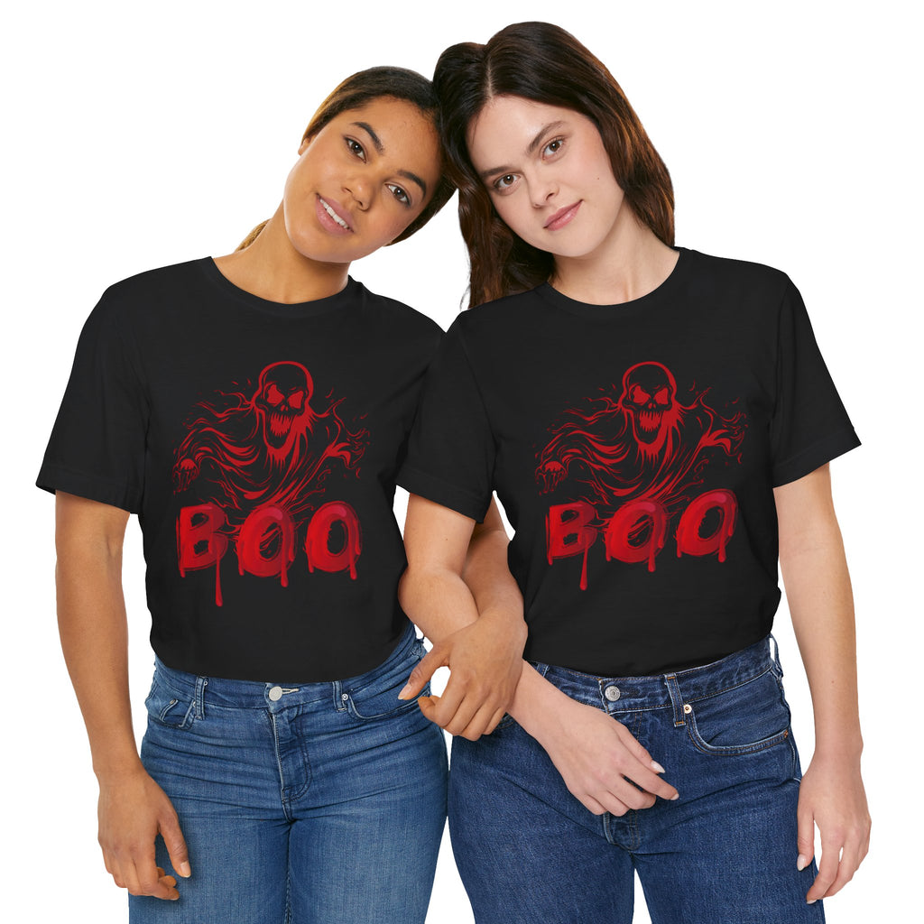 Two people wearing black t-shirts with red 'BOO' design on a white background