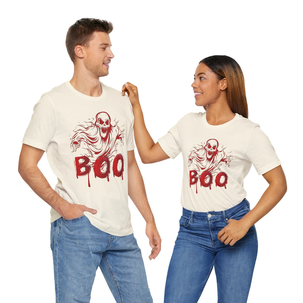 Two people wearing white t-shirts with a red 'BOO' design on a white background