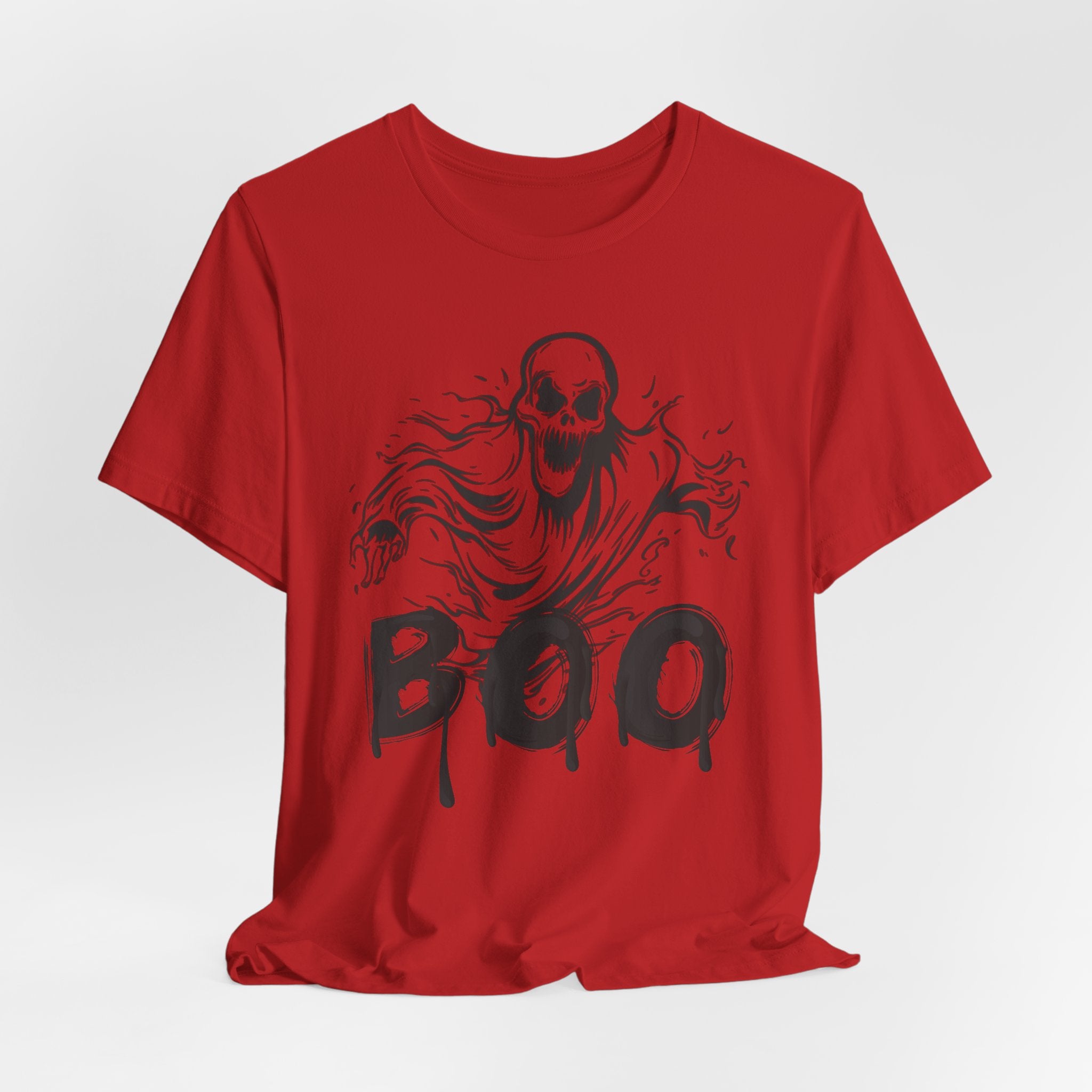 Red t-shirt with black graphic design and 'BOO' text on a white background