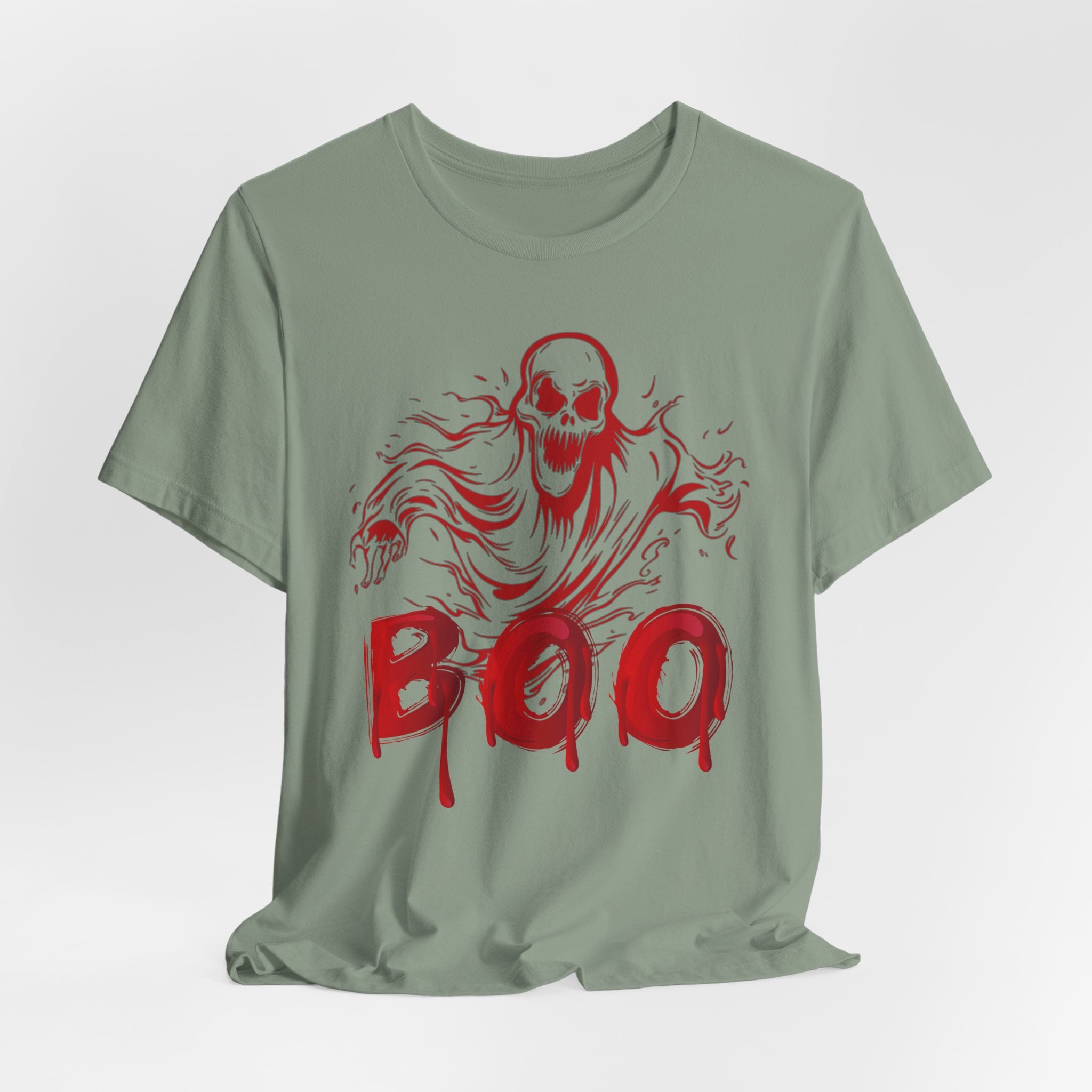 Sage green t-shirt with red ghost and 'BOO' graphic on a white background
