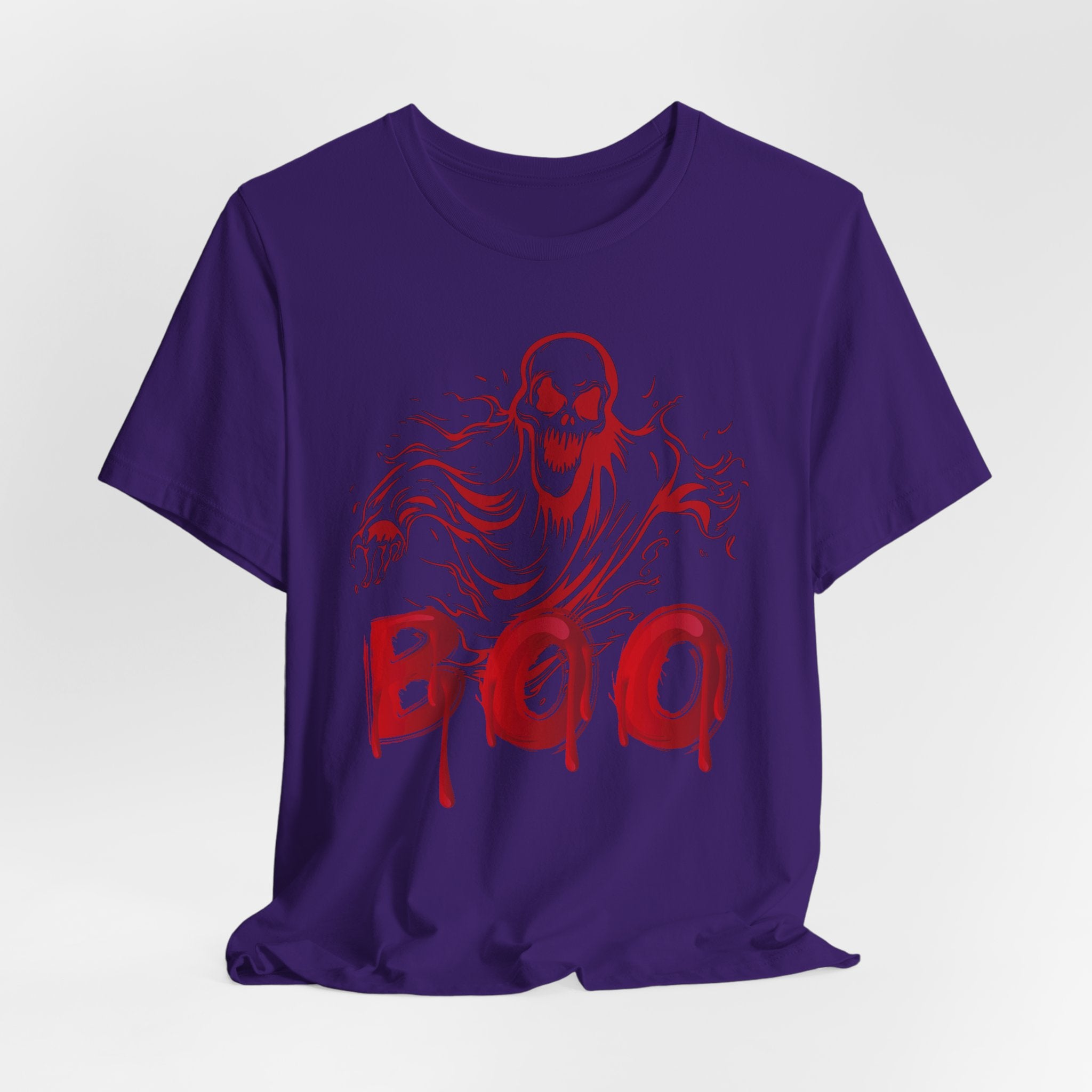 Purple t-shirt with red skeleton graphic and 'BOO' text on a white background