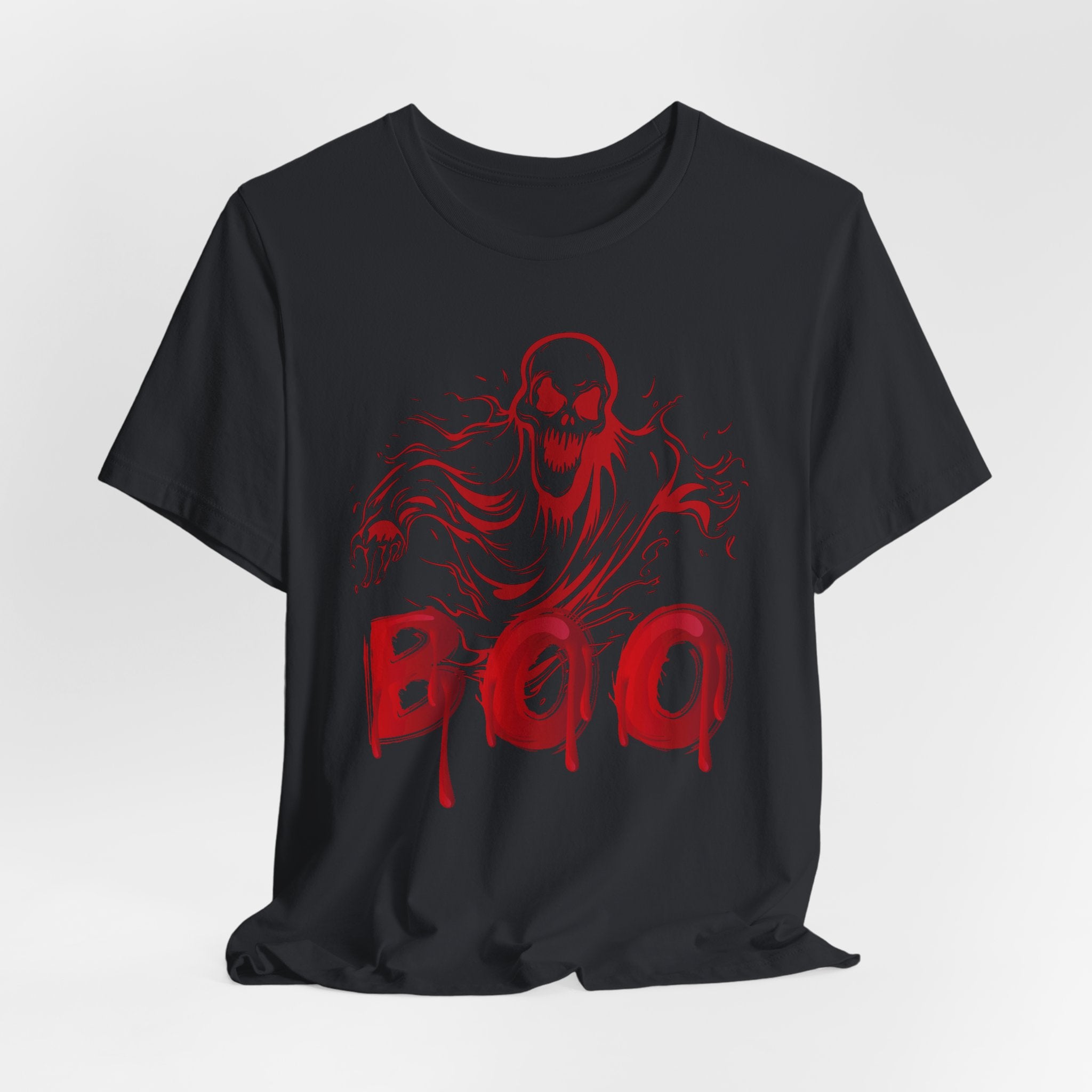 Vintage black t-shirt with red skeleton graphic and 'BOO' text on a white background