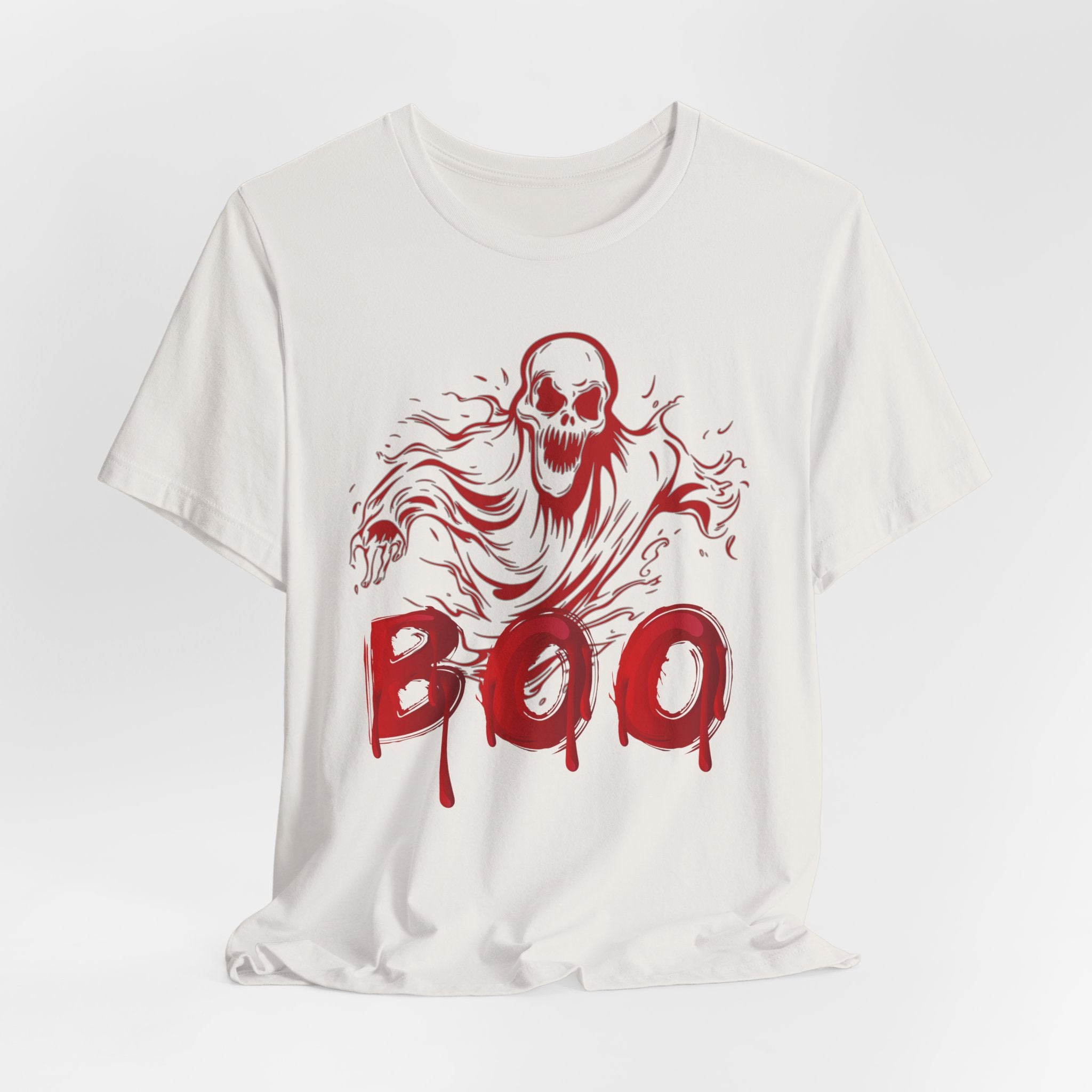 Vintage white t-shirt with red skeleton graphic and 'BOO' text on a white background