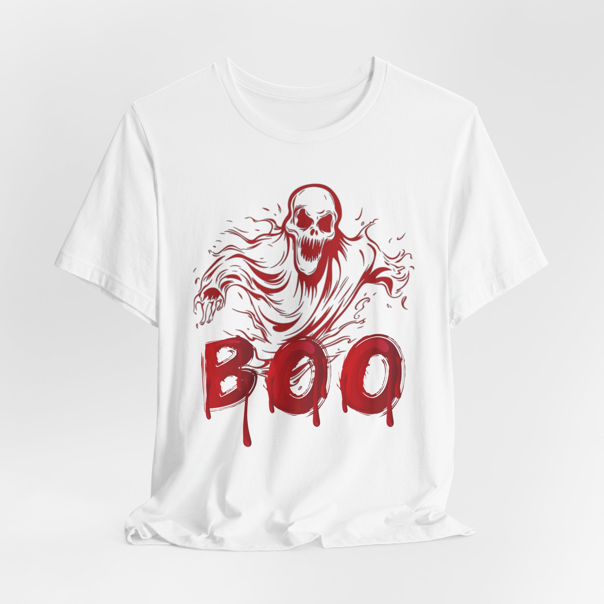 White t-shirt with red skeleton graphic and 'BOO' text on a white background