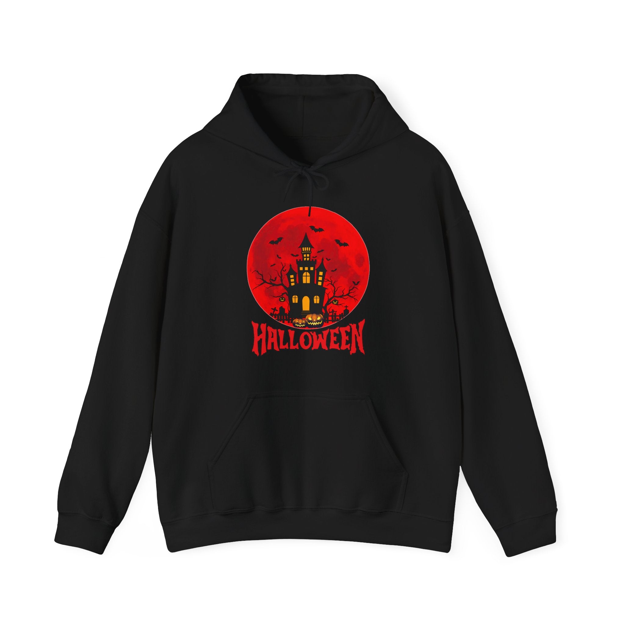 Black hoodie with Halloween design featuring a red moon and castle on a white background