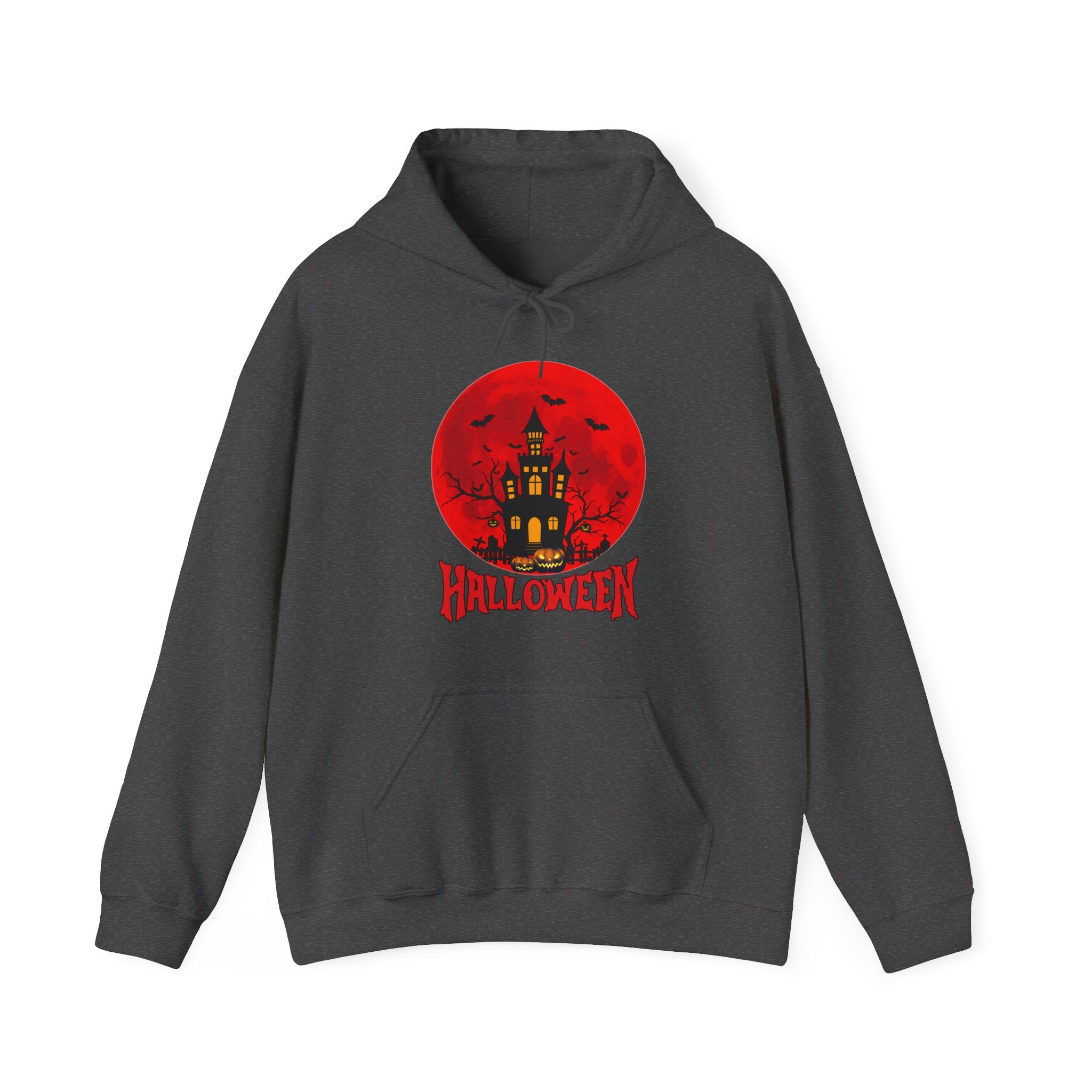Gray hoodie with Halloween design featuring a red moon and castle on a white background