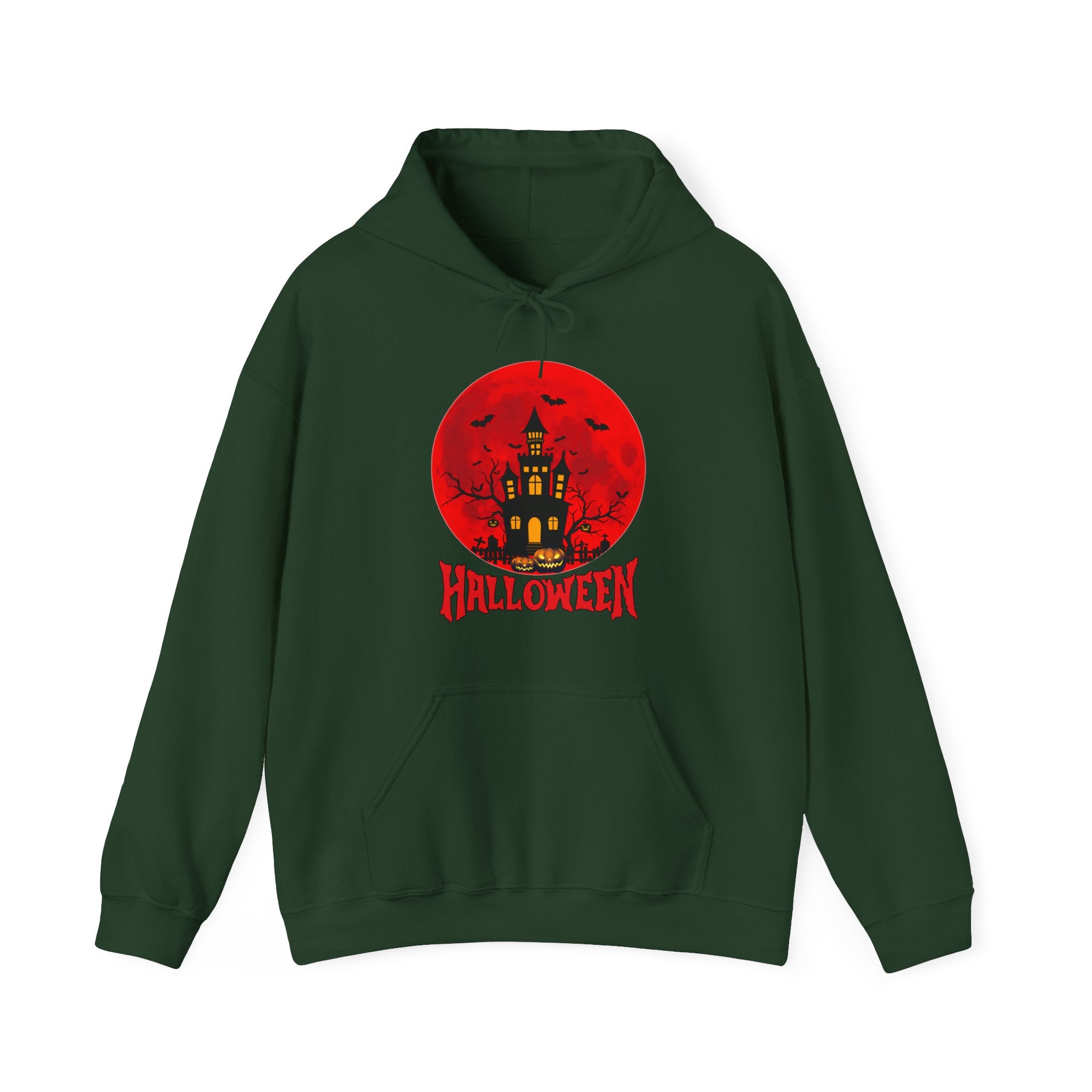 Forest green hoodie with a red Halloween design featuring a castle on a white background