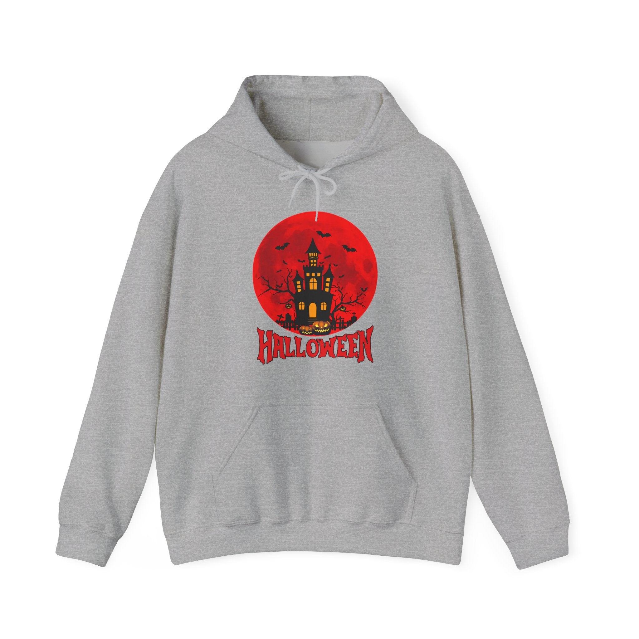 Gray hoodie with Halloween design featuring a castle on a red circle, on a white background.