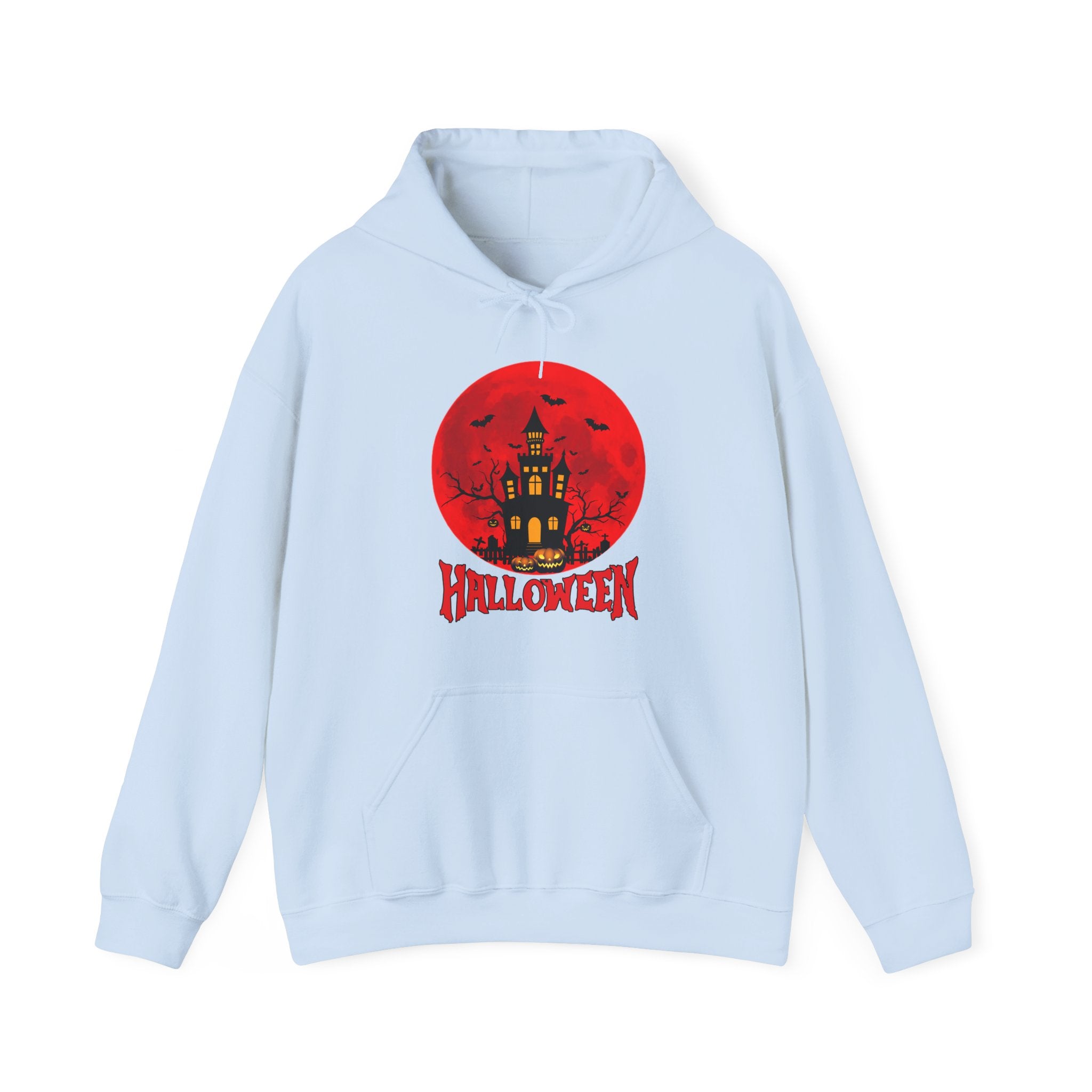 Light blue hoodie with Halloween design featuring a red moon and castle on a white background