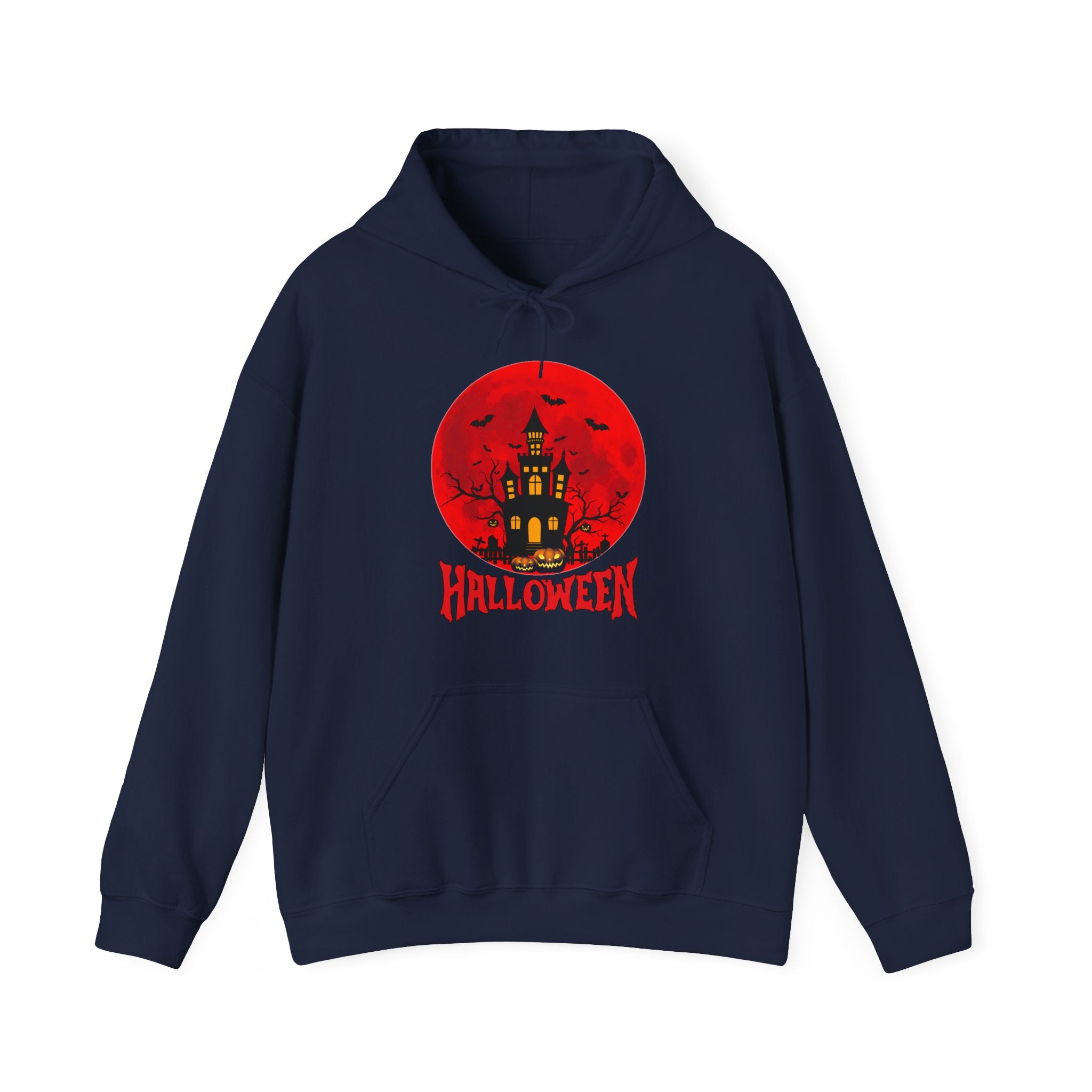 Navy blue hoodie with red Halloween design featuring a castle on a white background